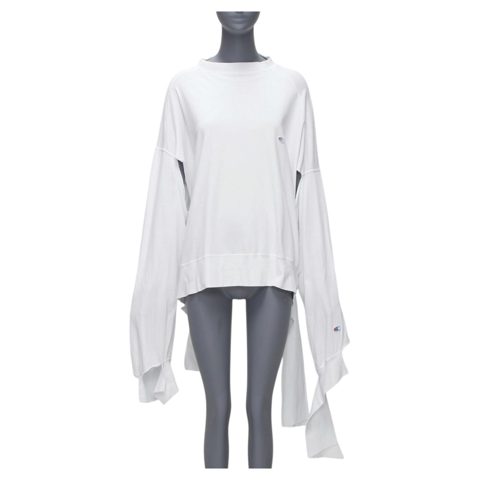 VETEMENTS CHAMPION white logo tape deconstructed cut out sleeve sweater S For Sale