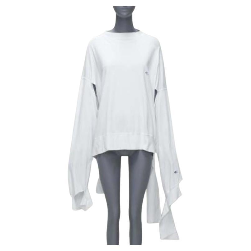 VETEMENTS CHAMPION white logo tape deconstructed cut out sleeve sweater S For Sale