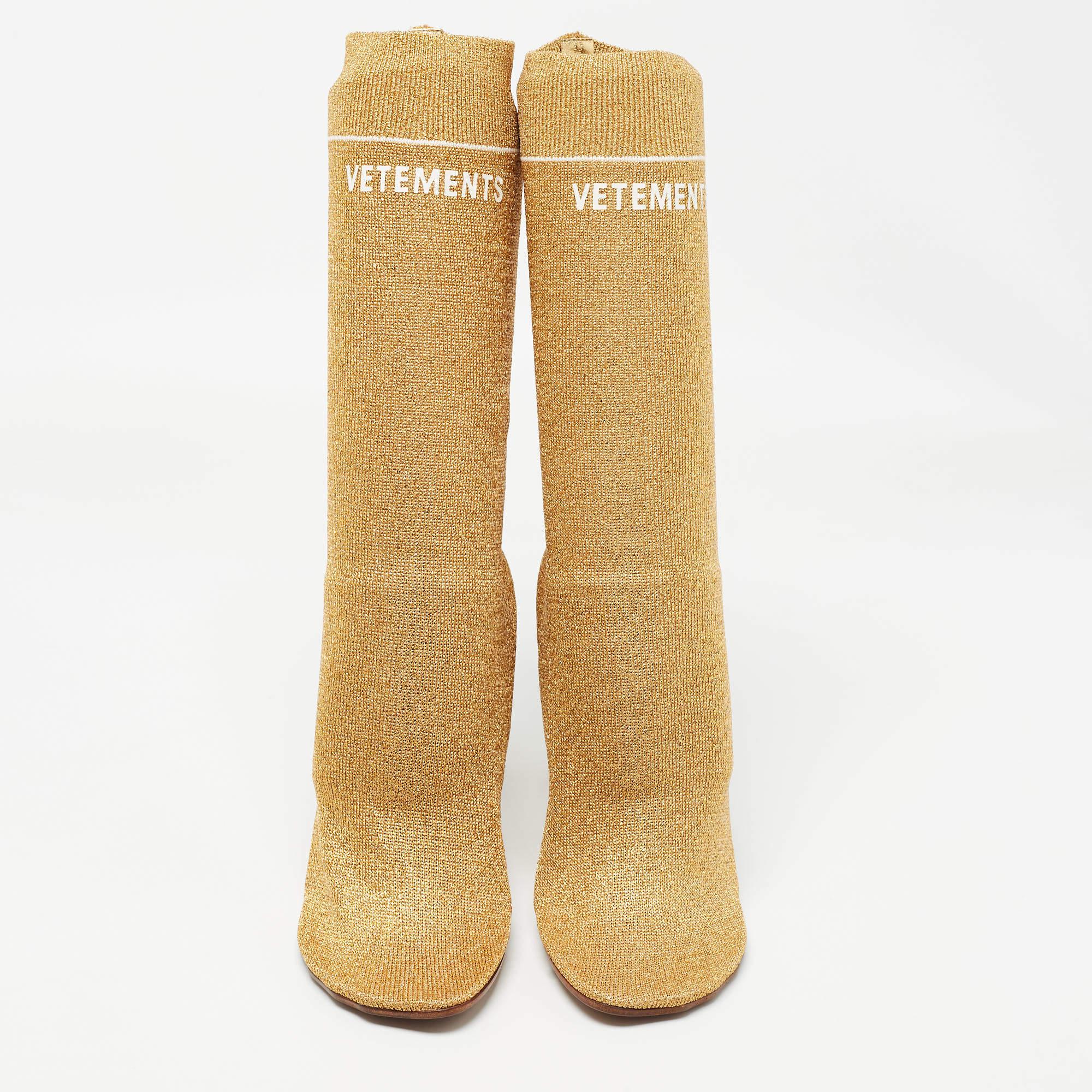 Brown Vetements Gold Knit Fabric Sock Ankle Boots Size 39 For Sale
