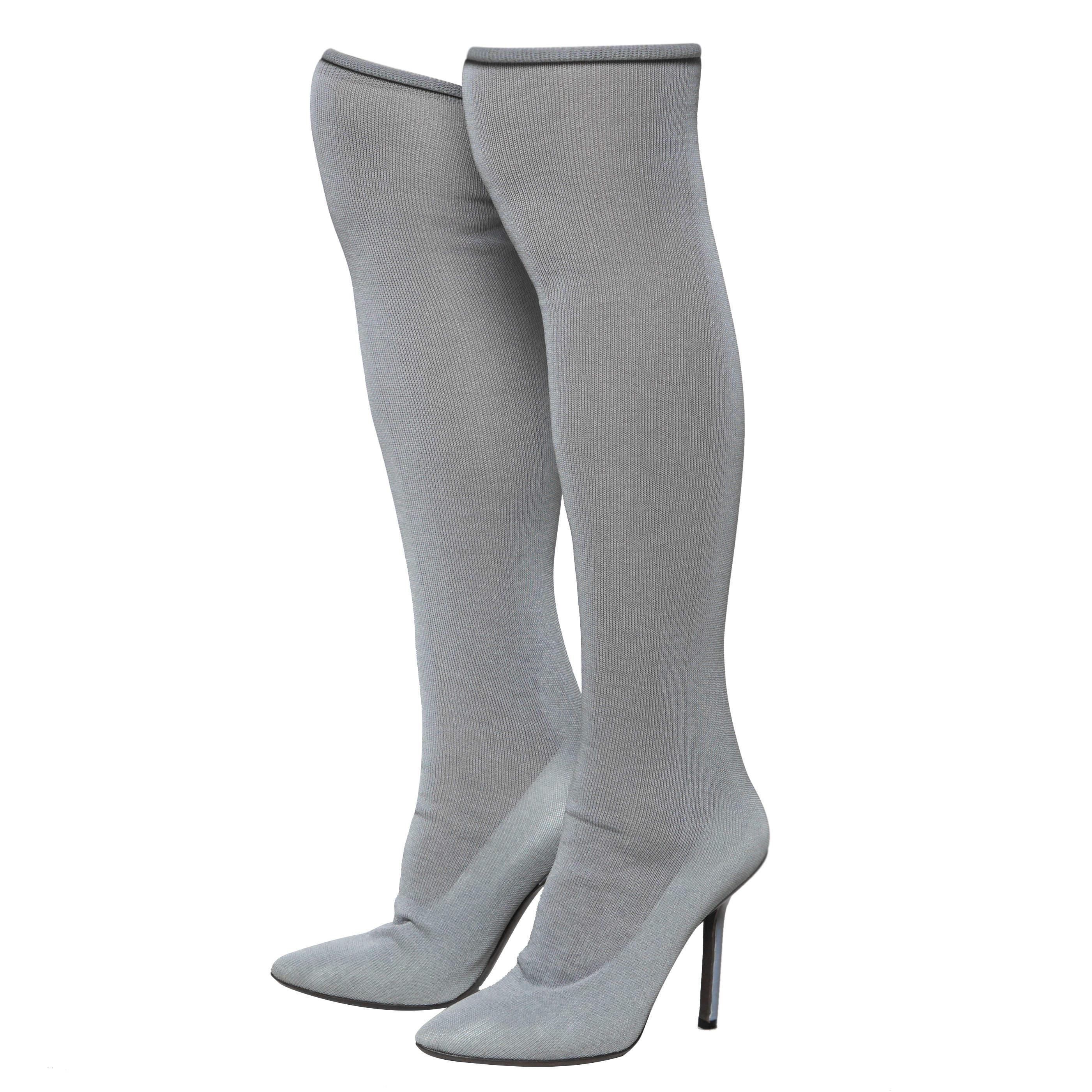 Gray Vetements Grey Stretch Fabric Reflective Thigh High Socks Boots Size 37 For Sale