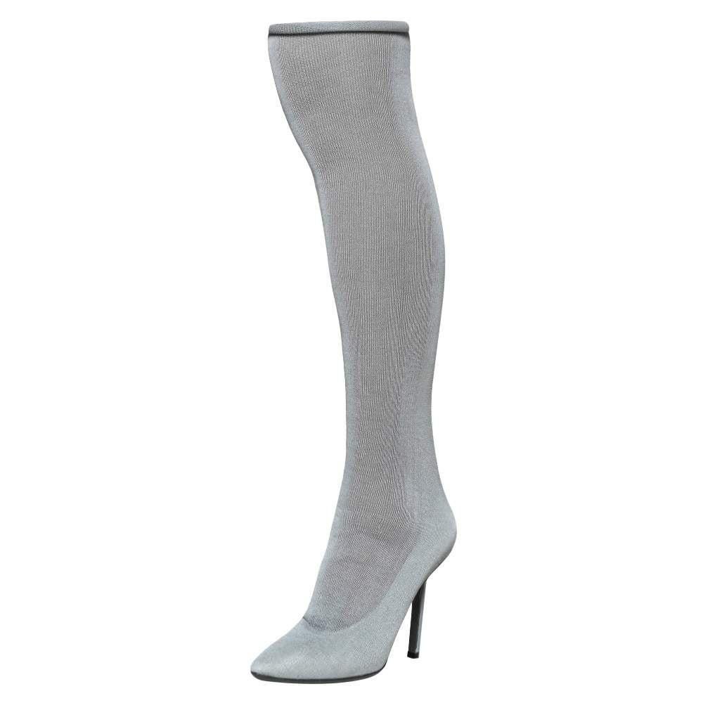 Vetements Grey Stretch Fabric Reflective Thigh High Socks Boots Size 38 For Sale