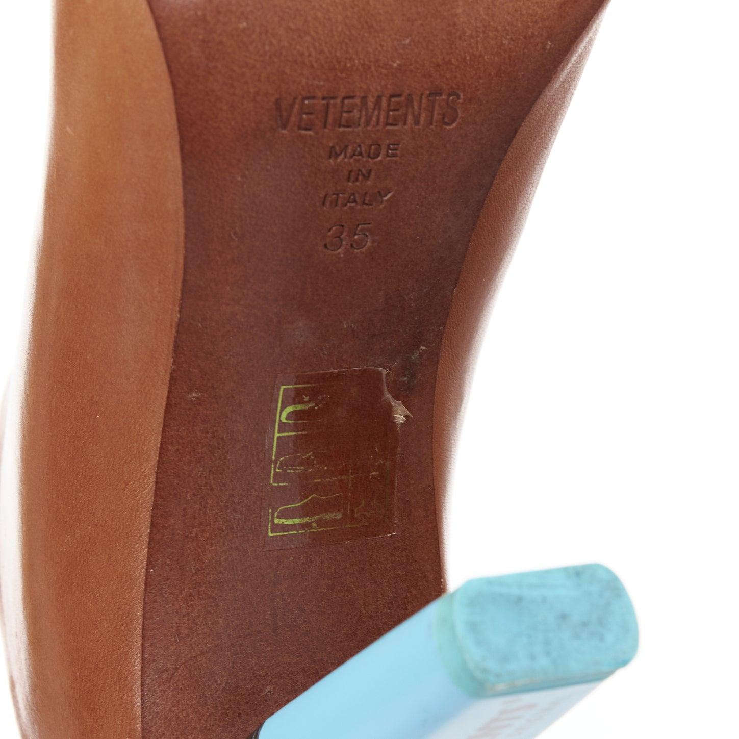 VETEMENTS Highlighter cuero marrón azul arquitectónico tacón mules EU35 en venta 6