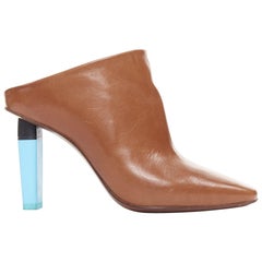VETEMENTS Highlighter cuero marrón azul arquitectónico tacón mules EU35