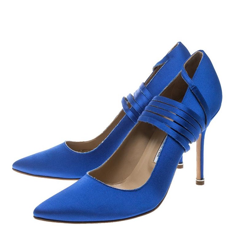 Vetements + Manolo Blahnik Blue Satin Pointed Toe Ankle Tie Pumps Size ...