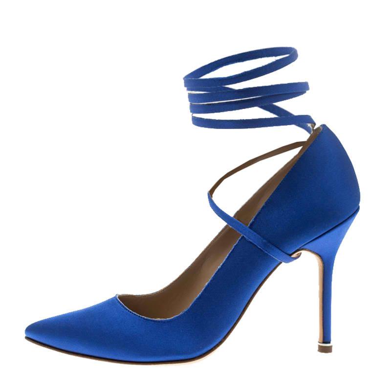 Vetements + Manolo Blahnik Blue Satin Pointed Toe Ankle Tie Pumps Size 38.5  at 1stDibs