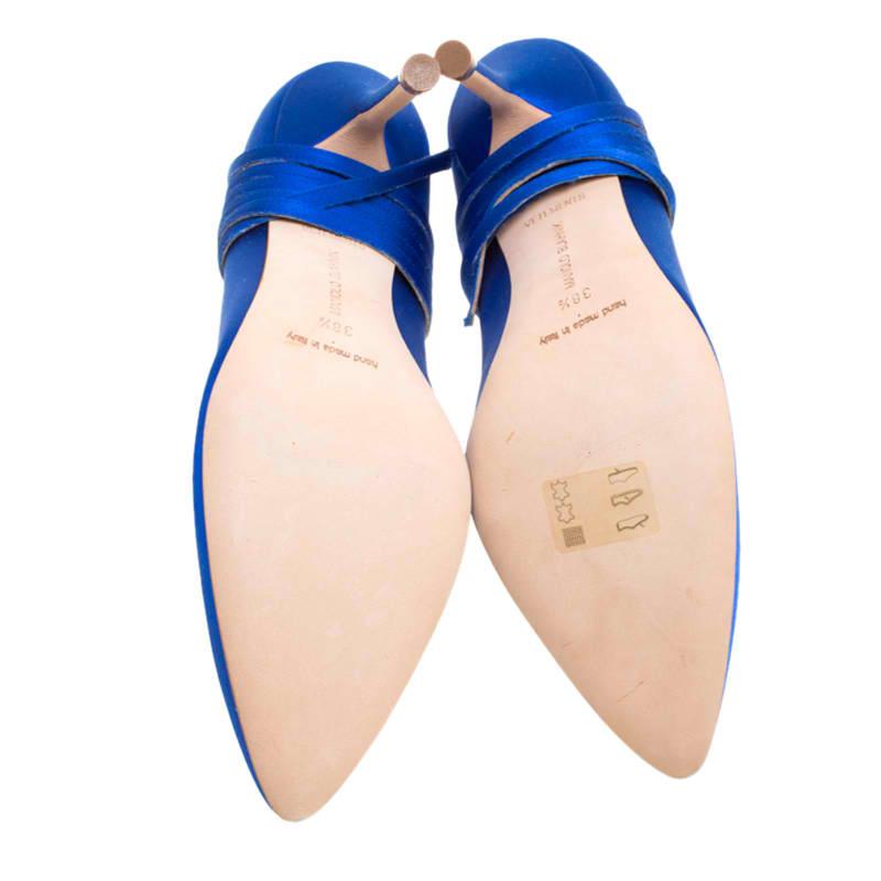 Vetements + Manolo Blahnik Blue Satin Pointed Toe Ankle Tie Pumps Size 38.5 2