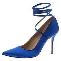 Vetements + Manolo Blahnik Blue Satin Pointed Toe Ankle Tie Pumps Size 38.5