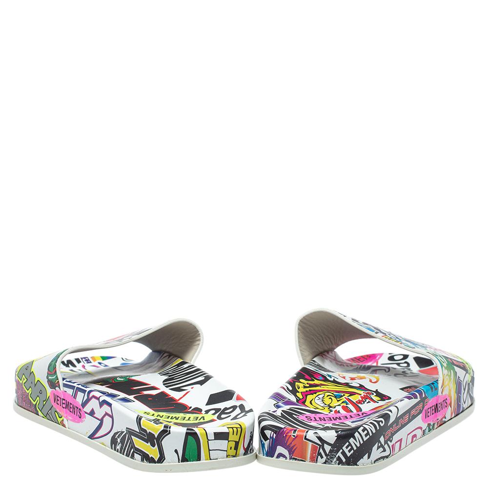 Gray Vetements Multicolor Printed Leather Slides Size 36