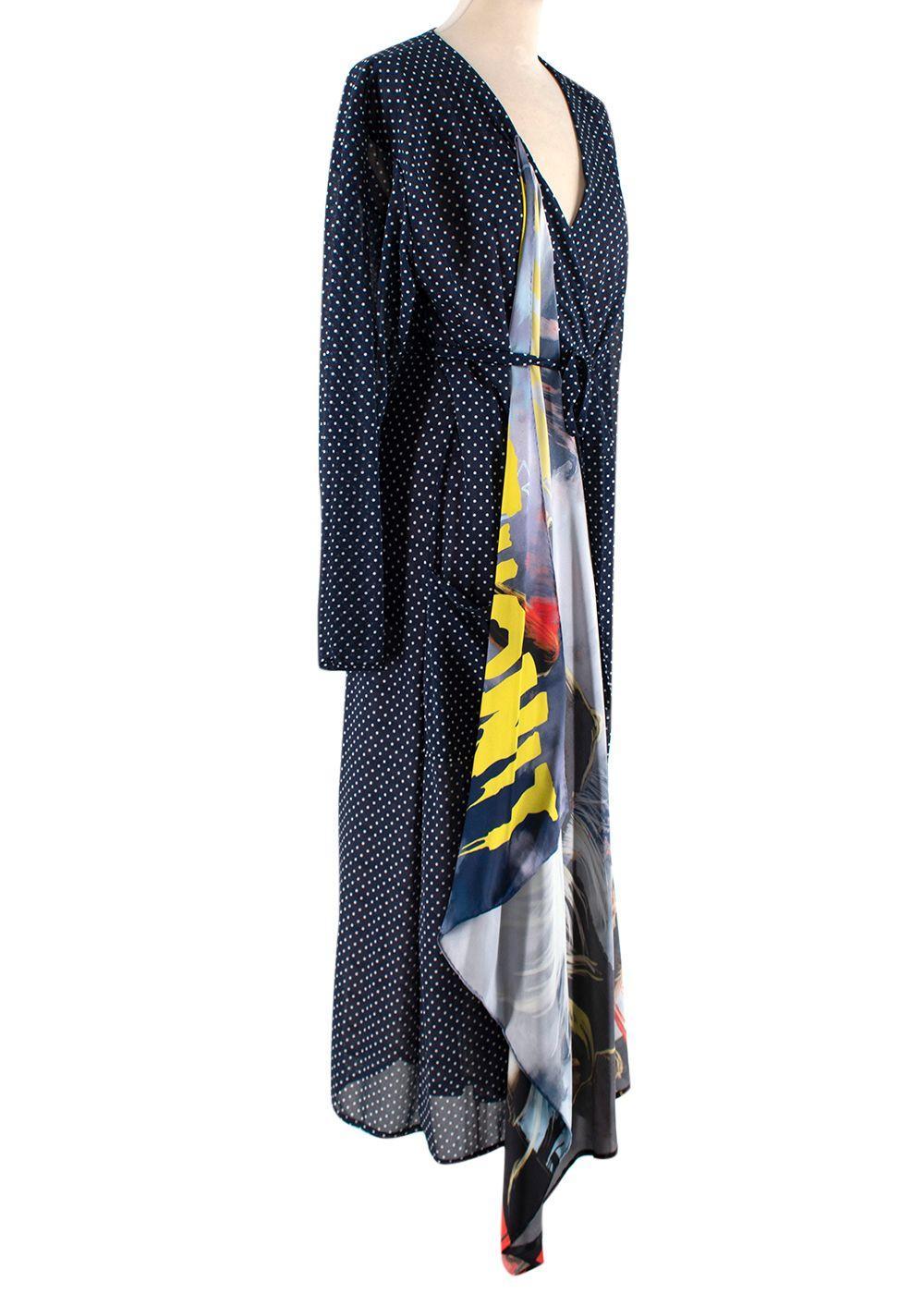 Vetements Navy Polka Dot Multi Fabric Wrap Dress

- Fluid wrap dress in navy and white polka-dot pattern
- Contrasting abstract-printed scarf-like drape
- Asymmetric silhouette
- Beige lining with black logo pattern
- Cut to a midi