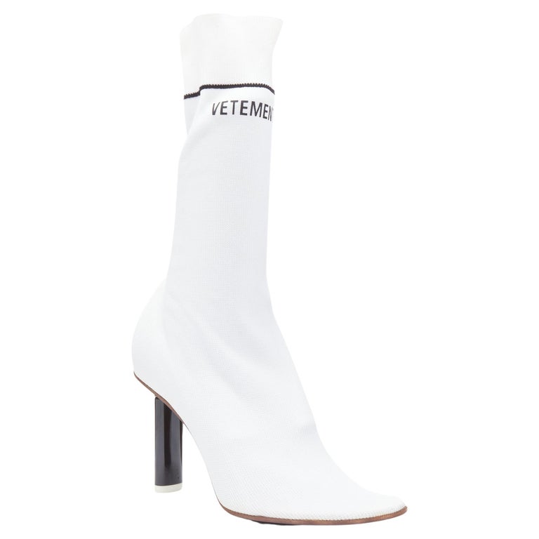 VETEMENTS Signature black lighter heel white logo sock knit boot EU37 at  1stDibs | sock heels boots