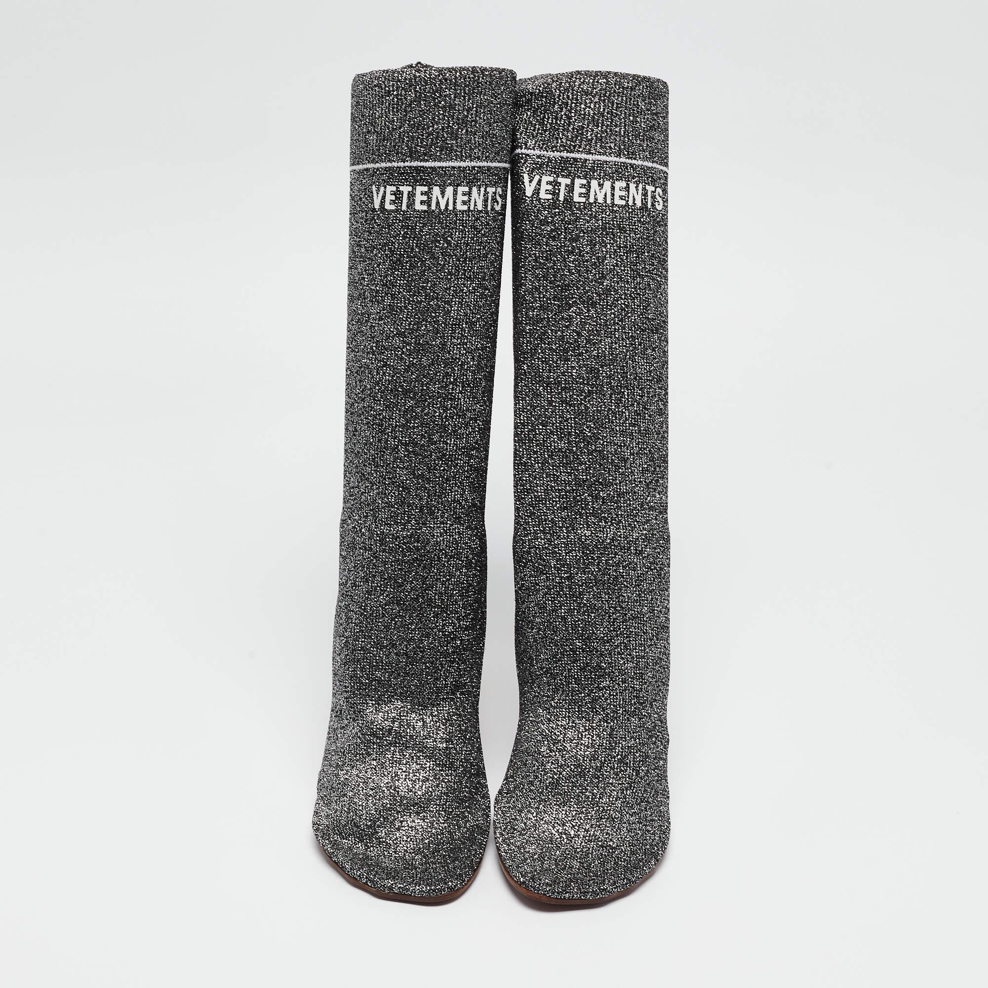 Black Vetements Silver Lurex Fabric Sock Ankle Boots Size 39 For Sale