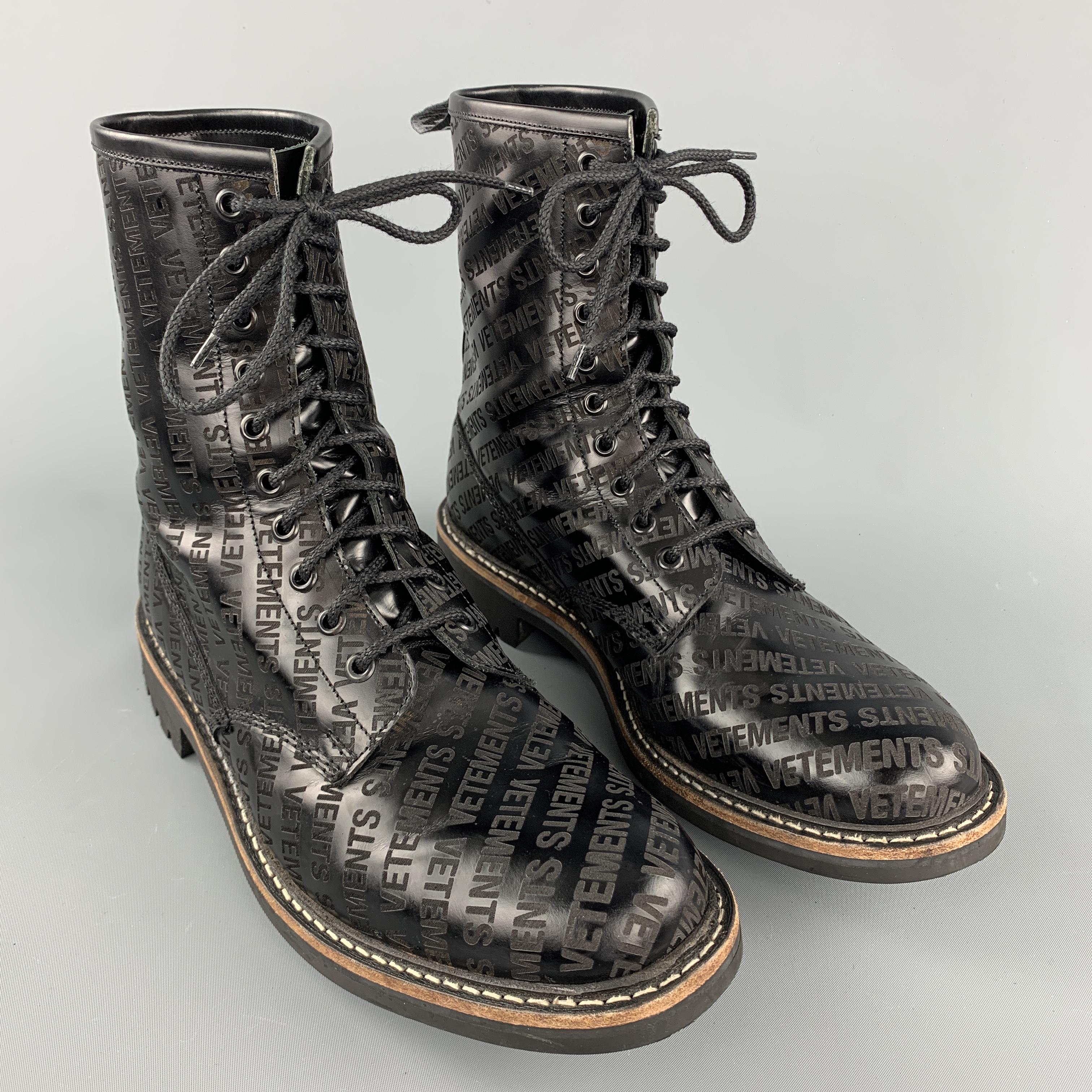 VETEMENTS CHURCH'S lace up boots comes in a shiny embossed black leather material, with tone-on-tone laces, branded loop at back, black rubber sole, and a lather tim. Made in England. 

Excellent Pre-Owned Condition.
Marked: No