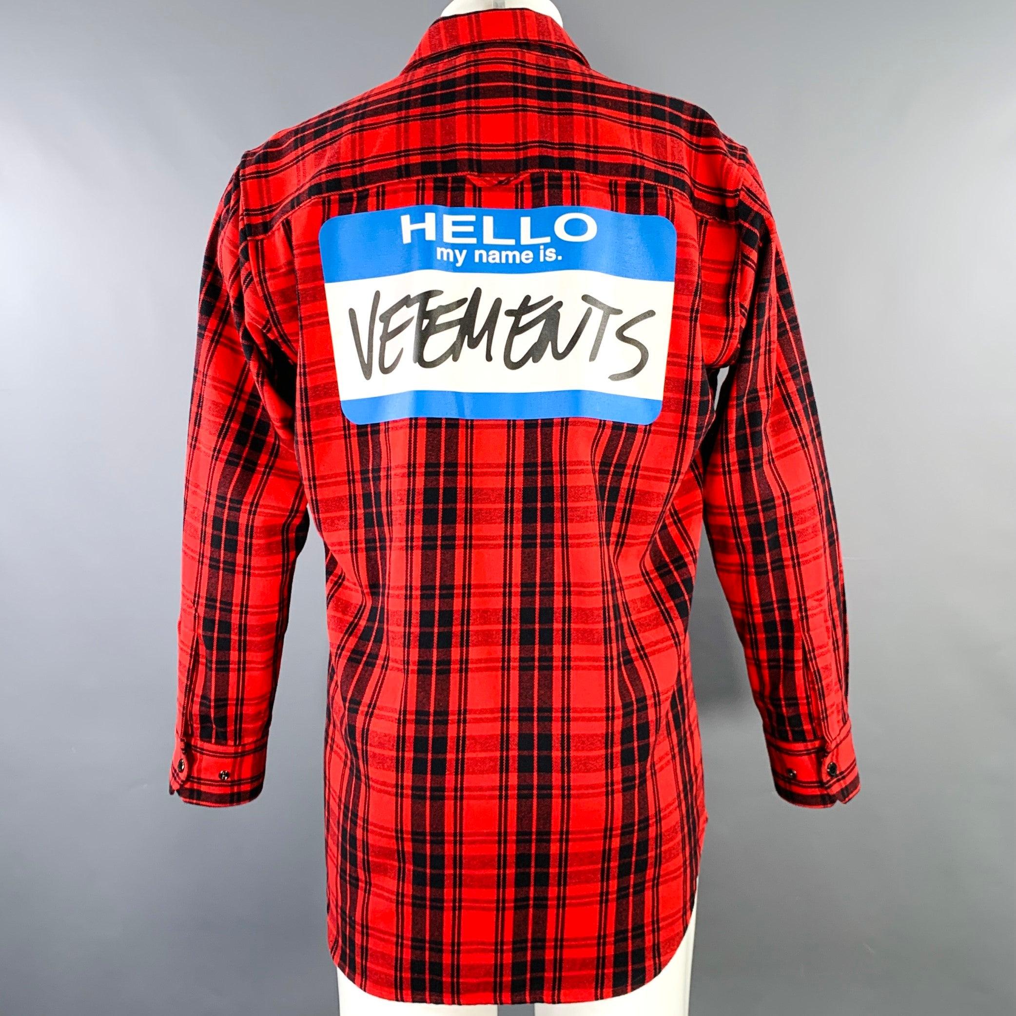 Men's VETEMENTS Size XS -My Name Is- Red Black Plaid Cotton Blend Long Sleeve Shirt For Sale