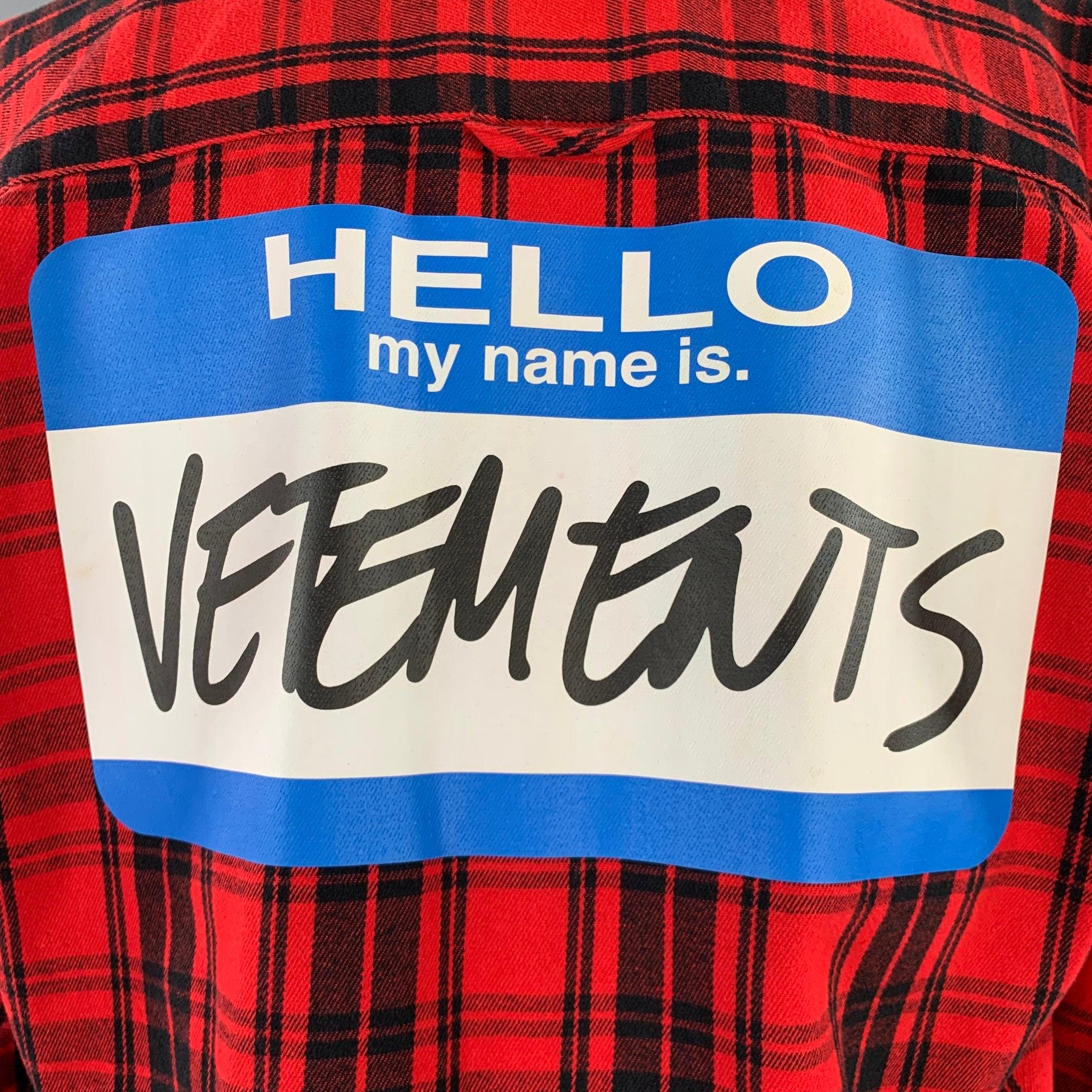 VETEMENTS Size XS -My Name Is- Red Black Plaid Cotton Blend Long Sleeve Shirt For Sale 1