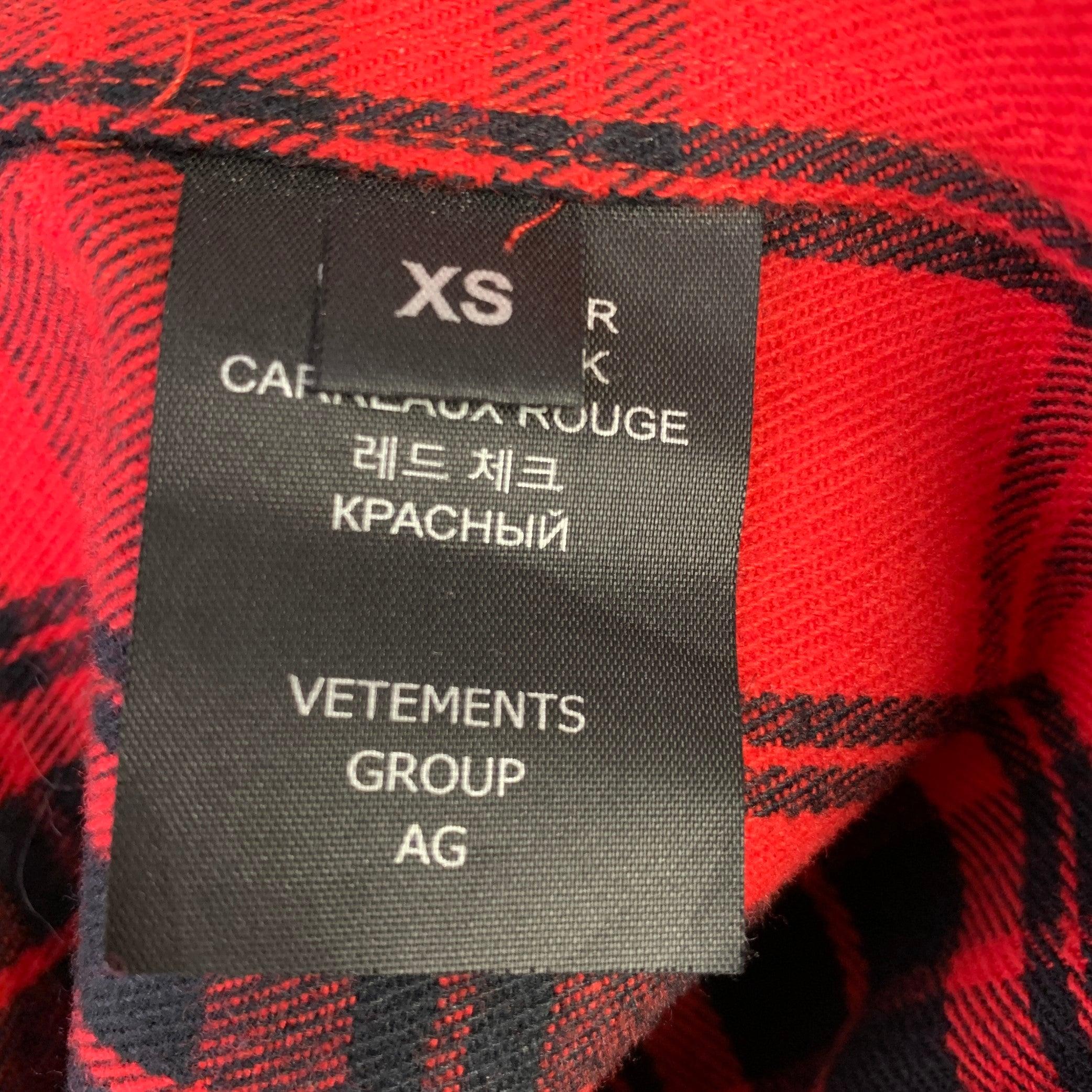 VETEMENTS Size XS -My Name Is- Red Black Plaid Cotton Blend Long Sleeve Shirt For Sale 5