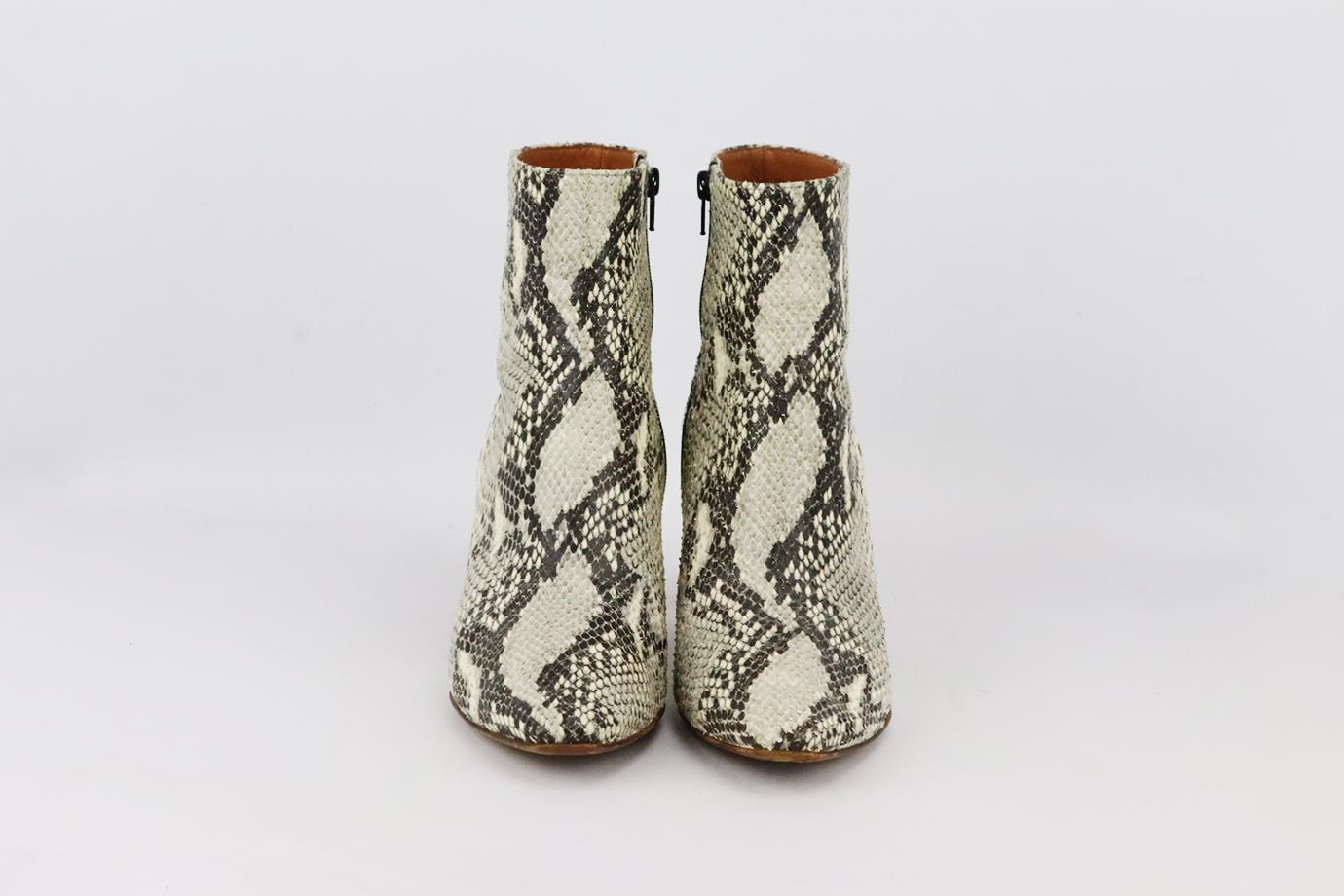 Vetements snakeskin and leather ankle boots. Made from grey, cram and black snakeskin with bright orange heel and pointed toe. Grey, cream and black. Zip fastening at side. Does not come with box or dustbag. Size: EU 39 (UK 6, US 9). Insole: 9.9 in.