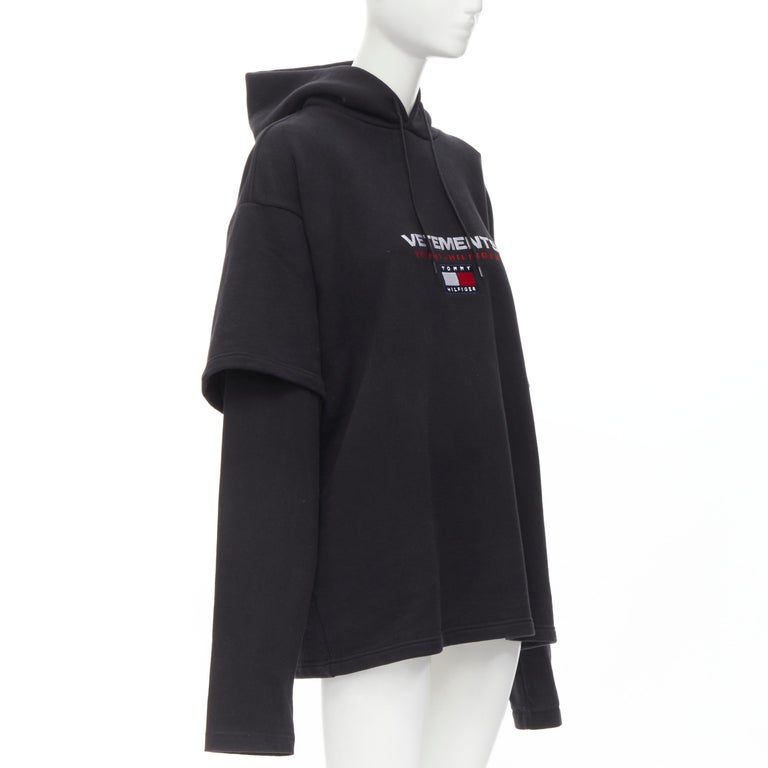 VETEMENTS TOMMY HILFIGER Demna 2018 black double sleeve oversized hoodie XS  For Sale at 1stDibs