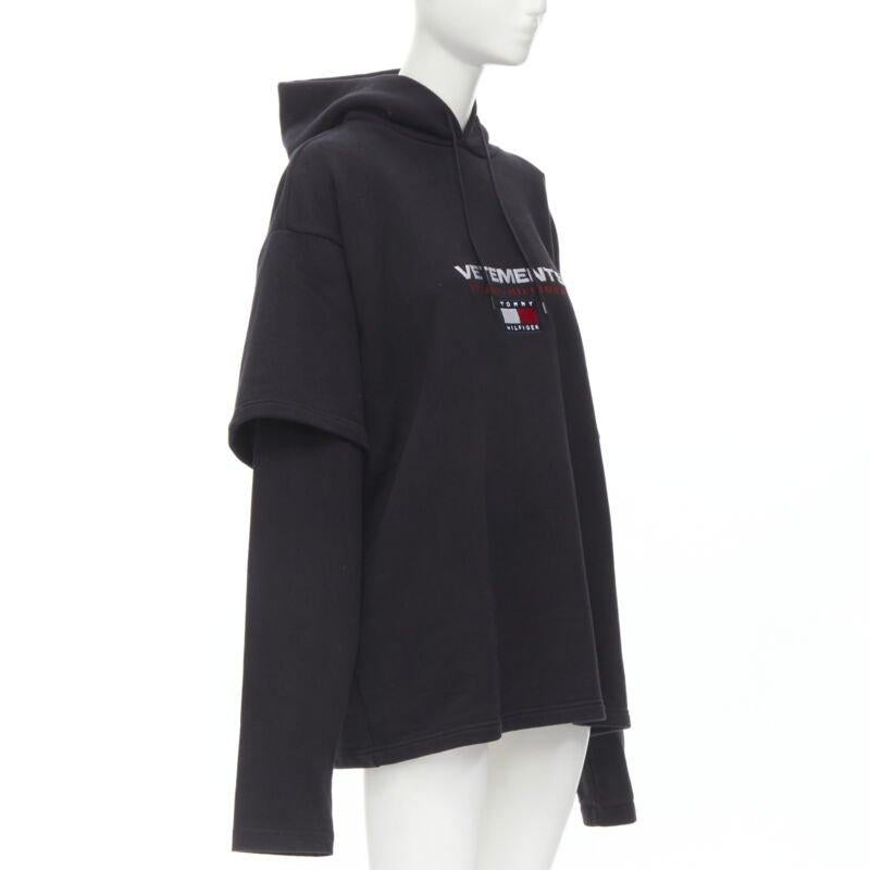 Women's VETEMENTS TOMMY HILFIGER Demna 2018 black double sleeve oversized hoodie XS For Sale