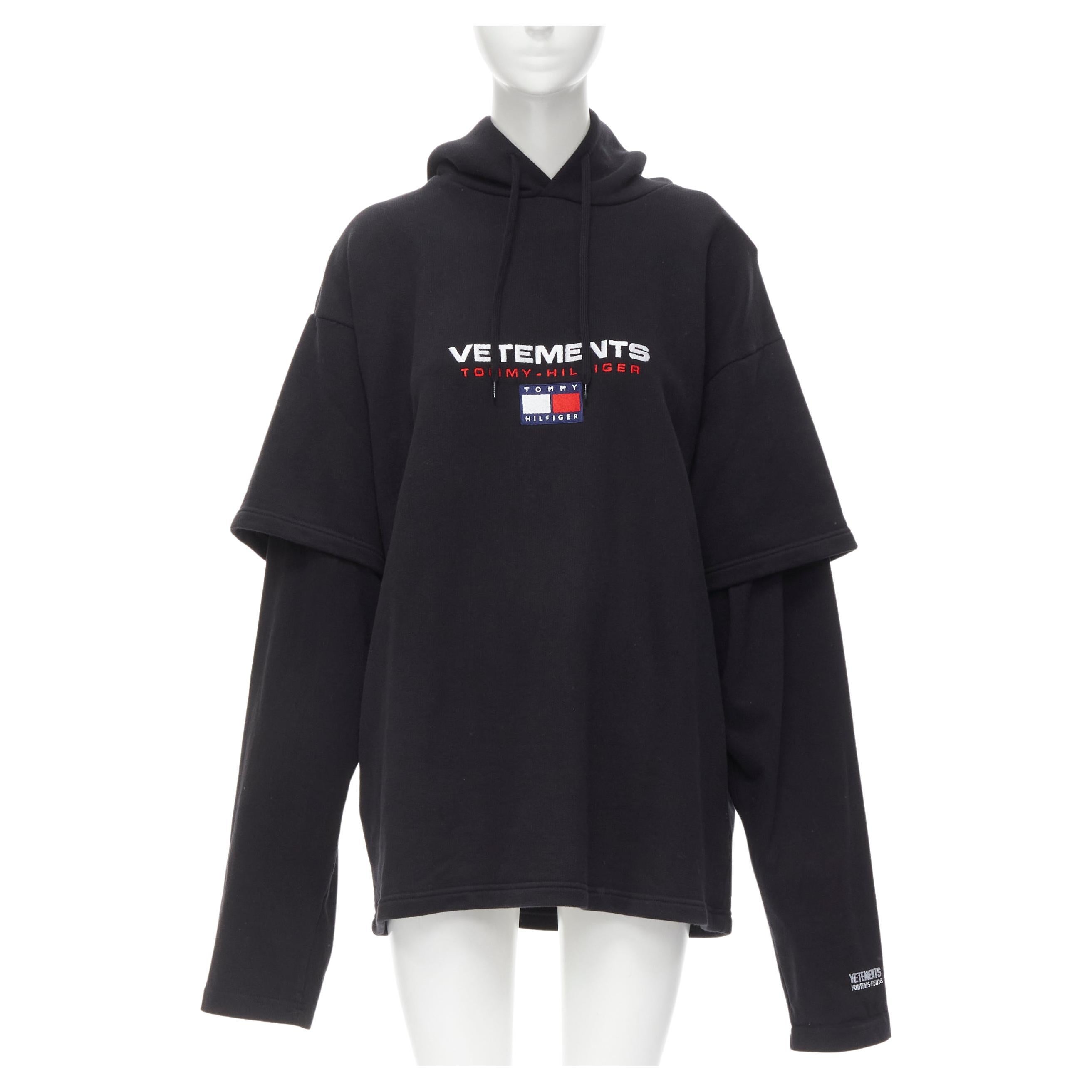 VETEMENTS TOMMY HILFIGER Demna 2018 black double sleeve oversized hoodie XS  For Sale at 1stDibs