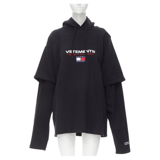 VETEMENTS TOMMY HILFIGER Demna 2018 black double sleeve oversized hoodie XS  For Sale at 1stDibs