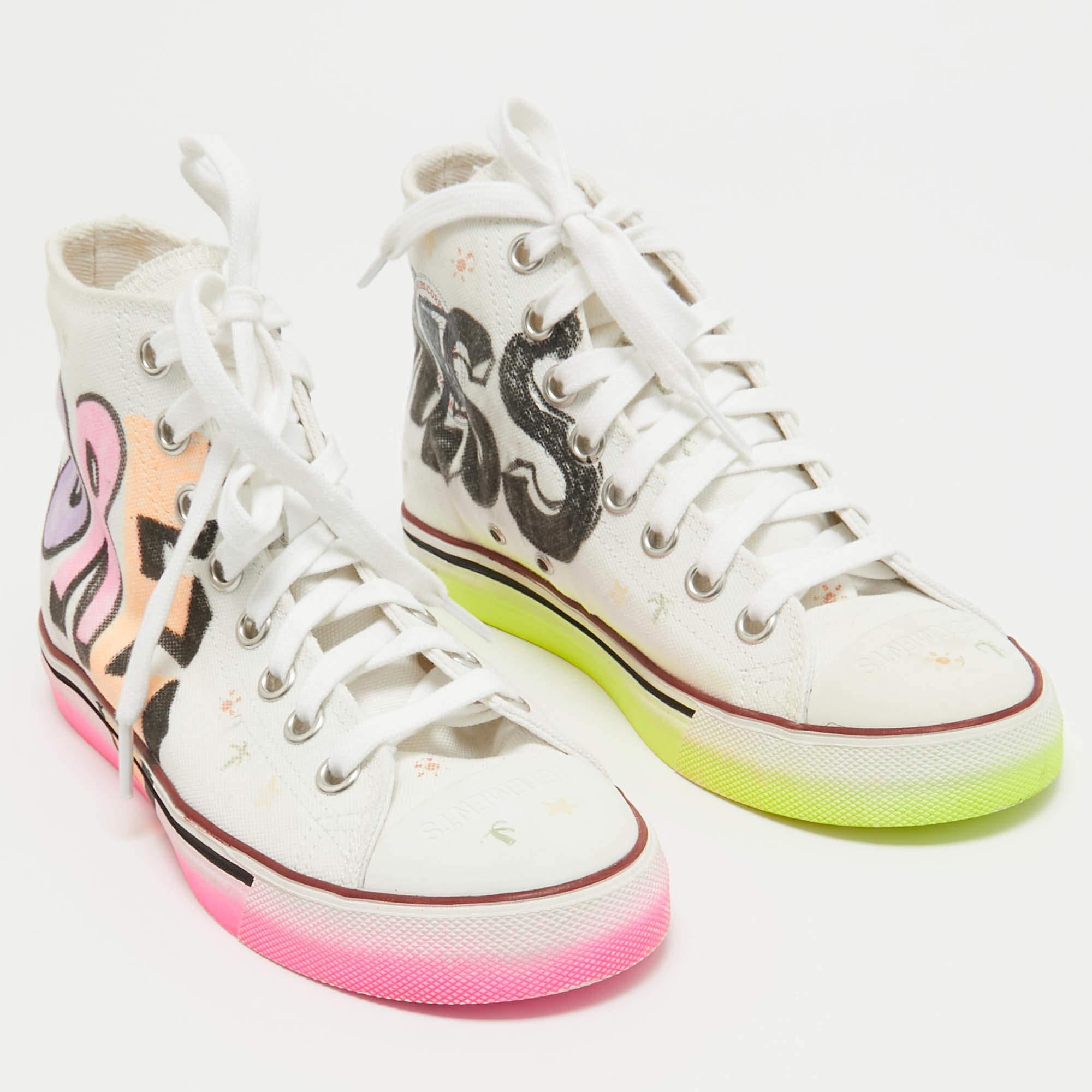 Women's Vetements White Canvas Printed Hard Core Happiness High Top Sneakers Size 36.5 For Sale