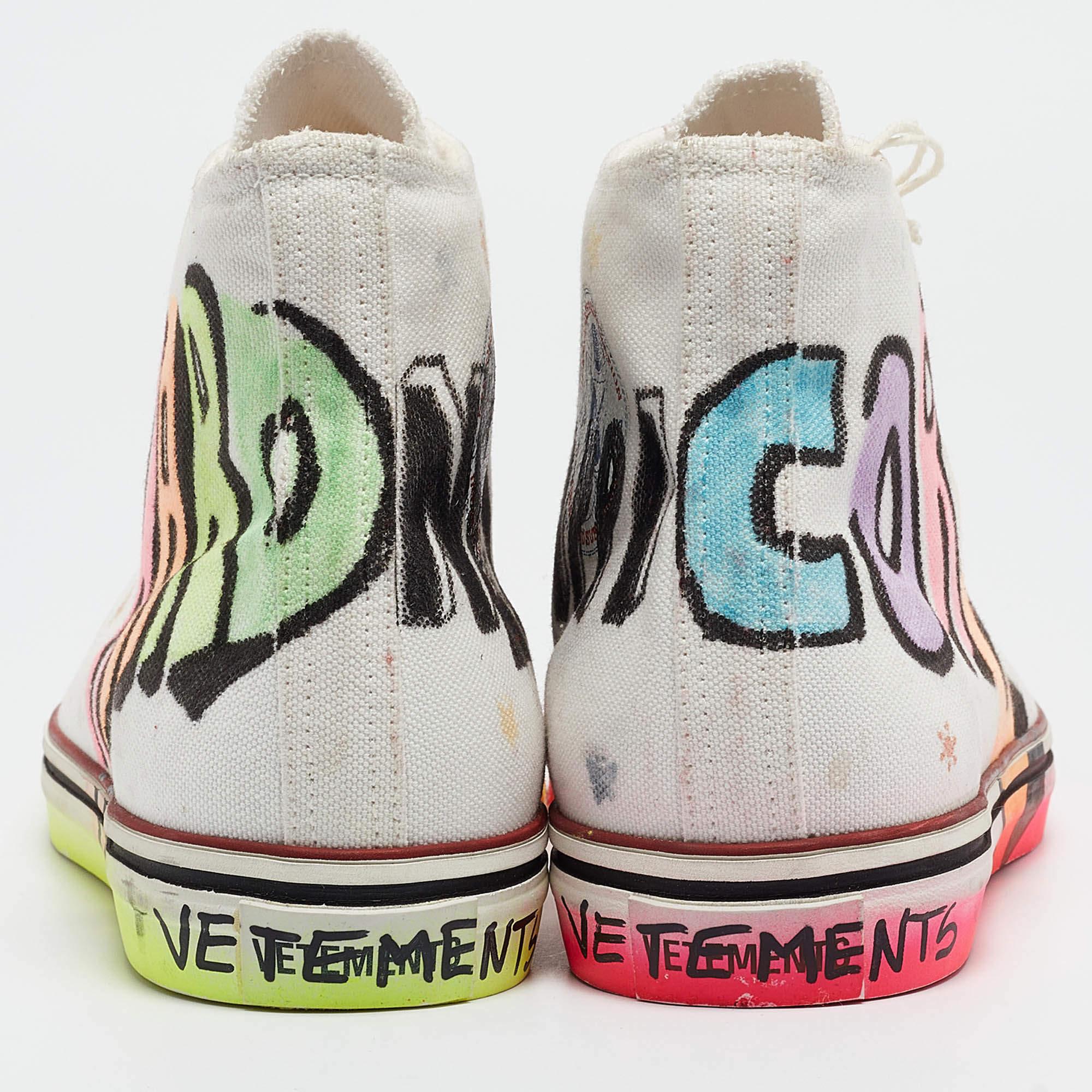 Vetements White Canvas Printed Hard Core Happiness High Top Sneakers Size 39 For Sale 1