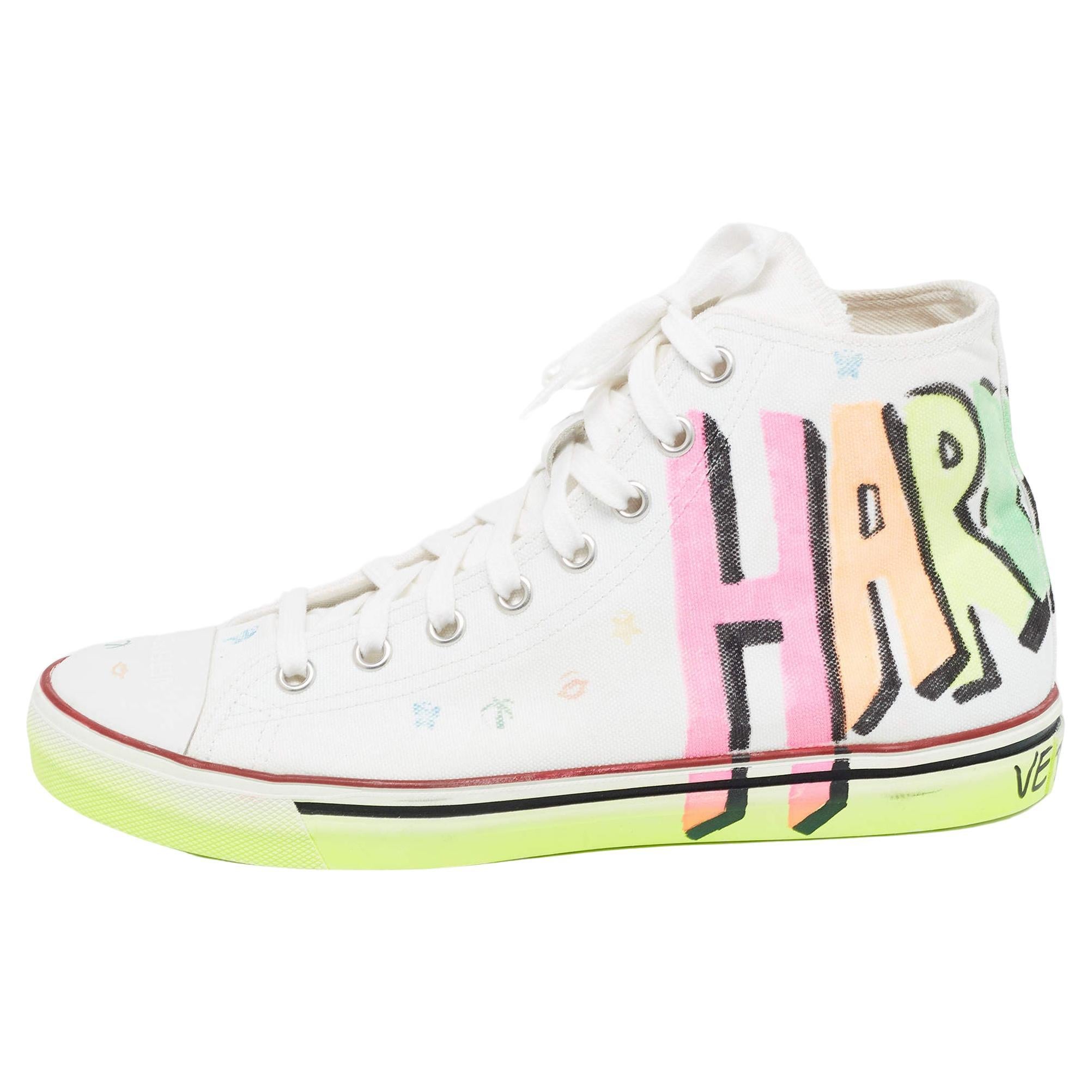 Vetements White Canvas Printed Hard Core Happiness High Top Sneakers Size 41 For Sale