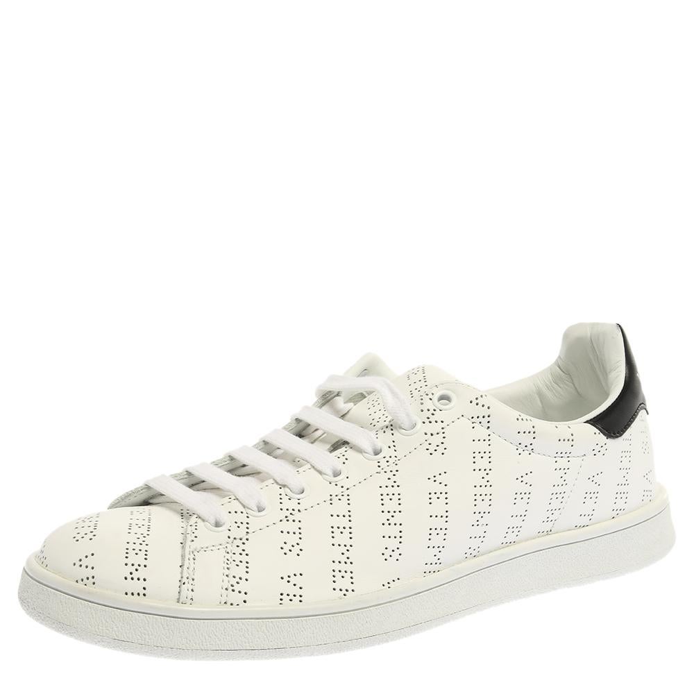 Statement-making sneakers are worth a buy, and these ones from Vetements aptly justify that! These white sneakers are crafted from leather and styled with perforated logo details and lace-ups on the vamps. They flaunt the brand name on the counters