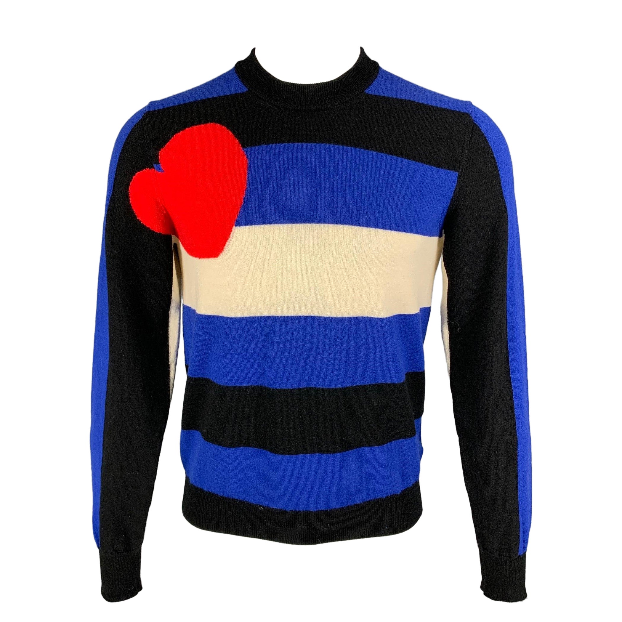 VETEMENTS x COMME des GARCONS Größe XL Blau-weißer Wollstrickpullover mit Rundhalsausschnitt im Angebot
