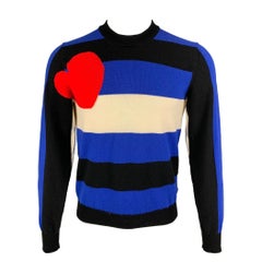 VETEMENTS x COMME des GARCONS Größe XL Blau-weißer Wollstrickpullover mit Rundhalsausschnitt