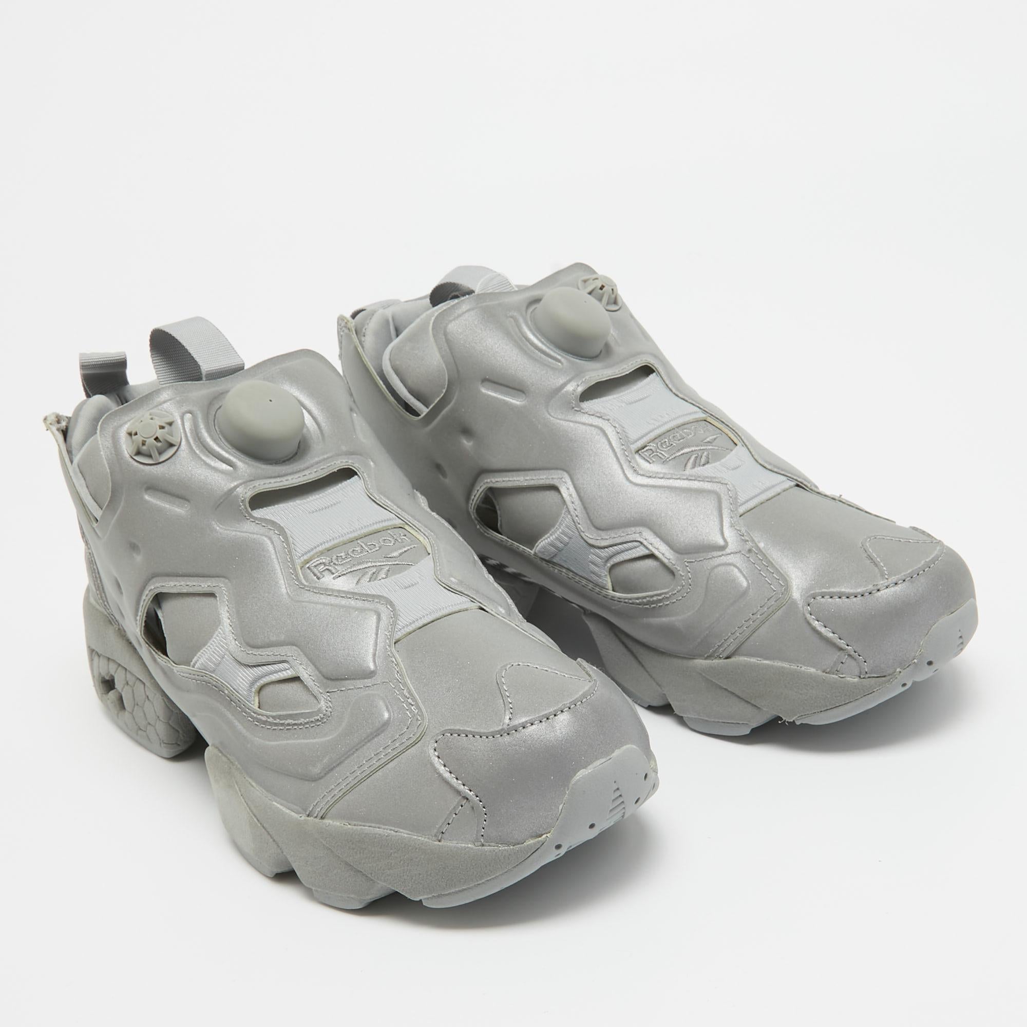 Women's Vetements x Reebok Grey Reflective Fabric Instapump Fury Sneakers Size 38.5 For Sale