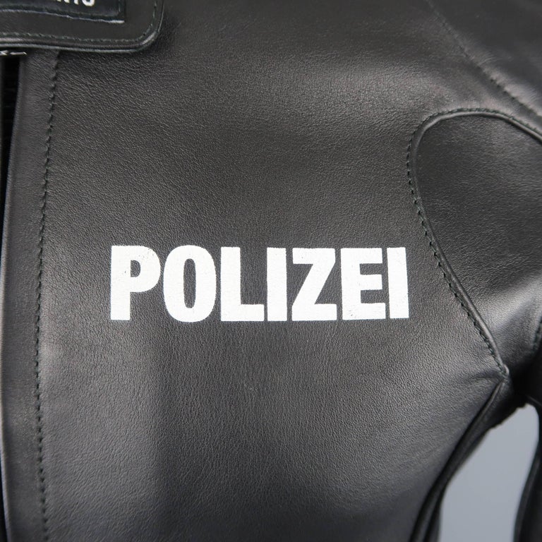 Vetements Black Leather Polizei Cropped Moto Jacket For Sale