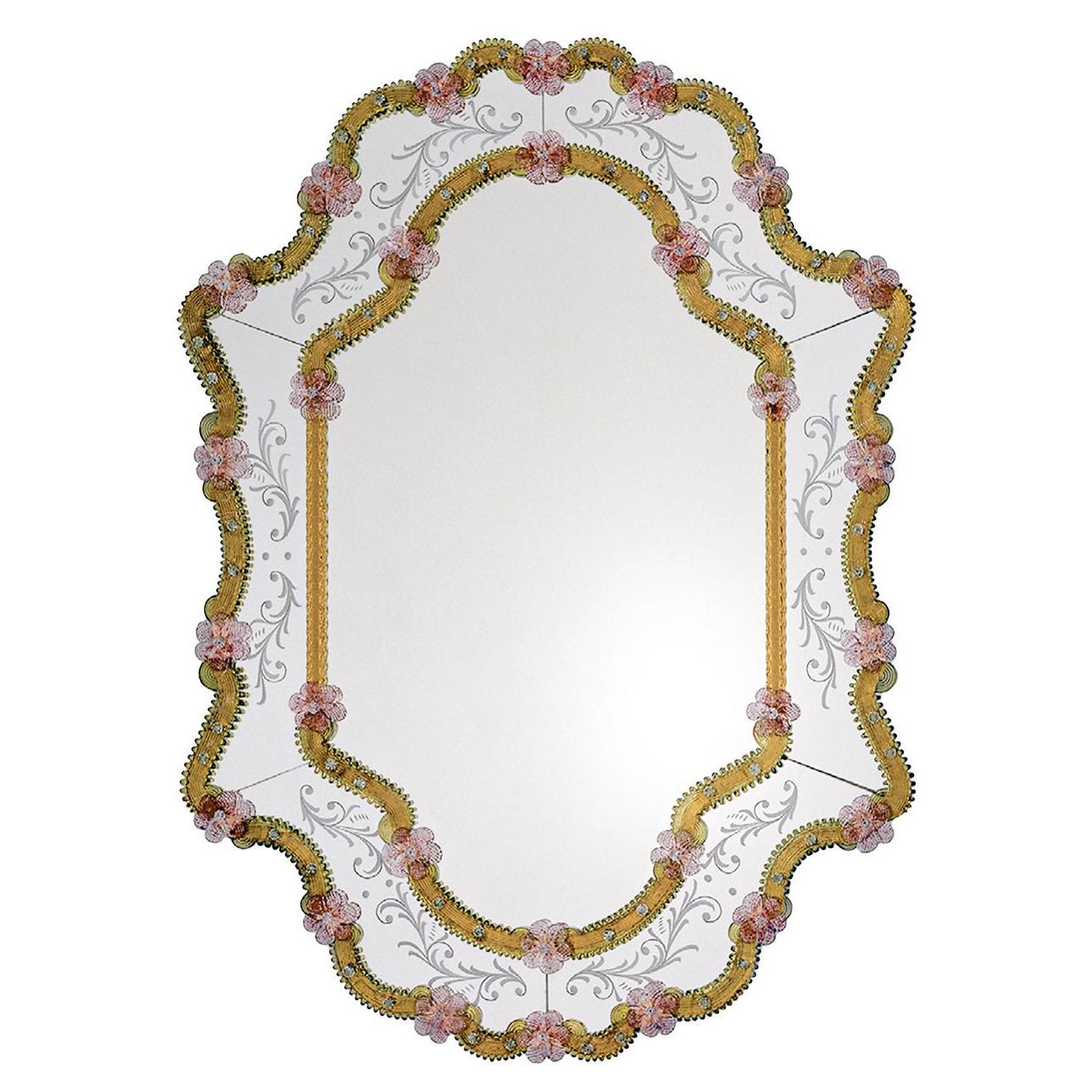 Vetrai Amber/Pink Murano Glass Mirror For Sale
