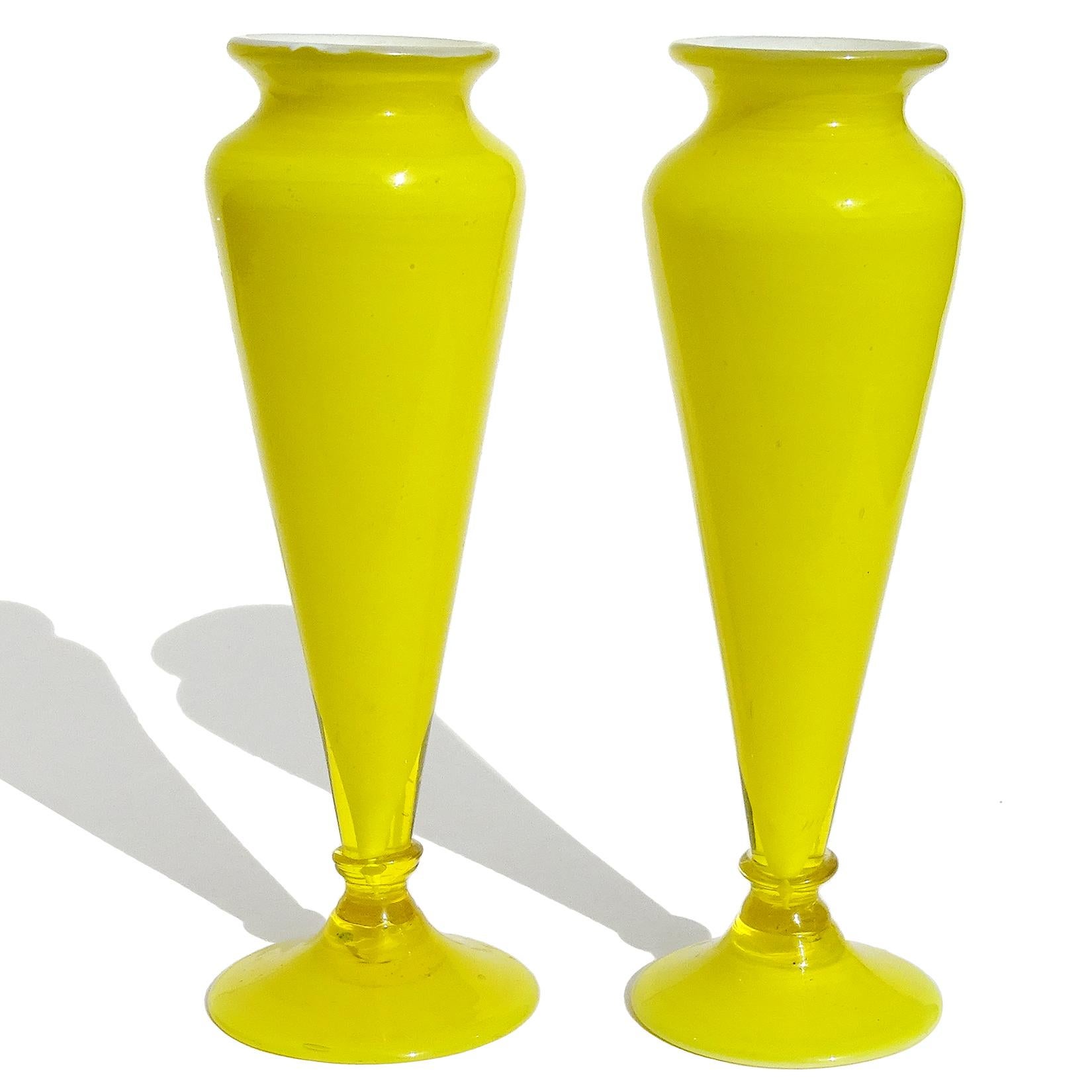 Beautiful pair of antique Murano hand blown bright yellow over white, Italian art glass cabinet flower vases. Documented and labelled as Vetreria Barovier, Murano, made in Italy. Both vases still have the original early labels underneath (last