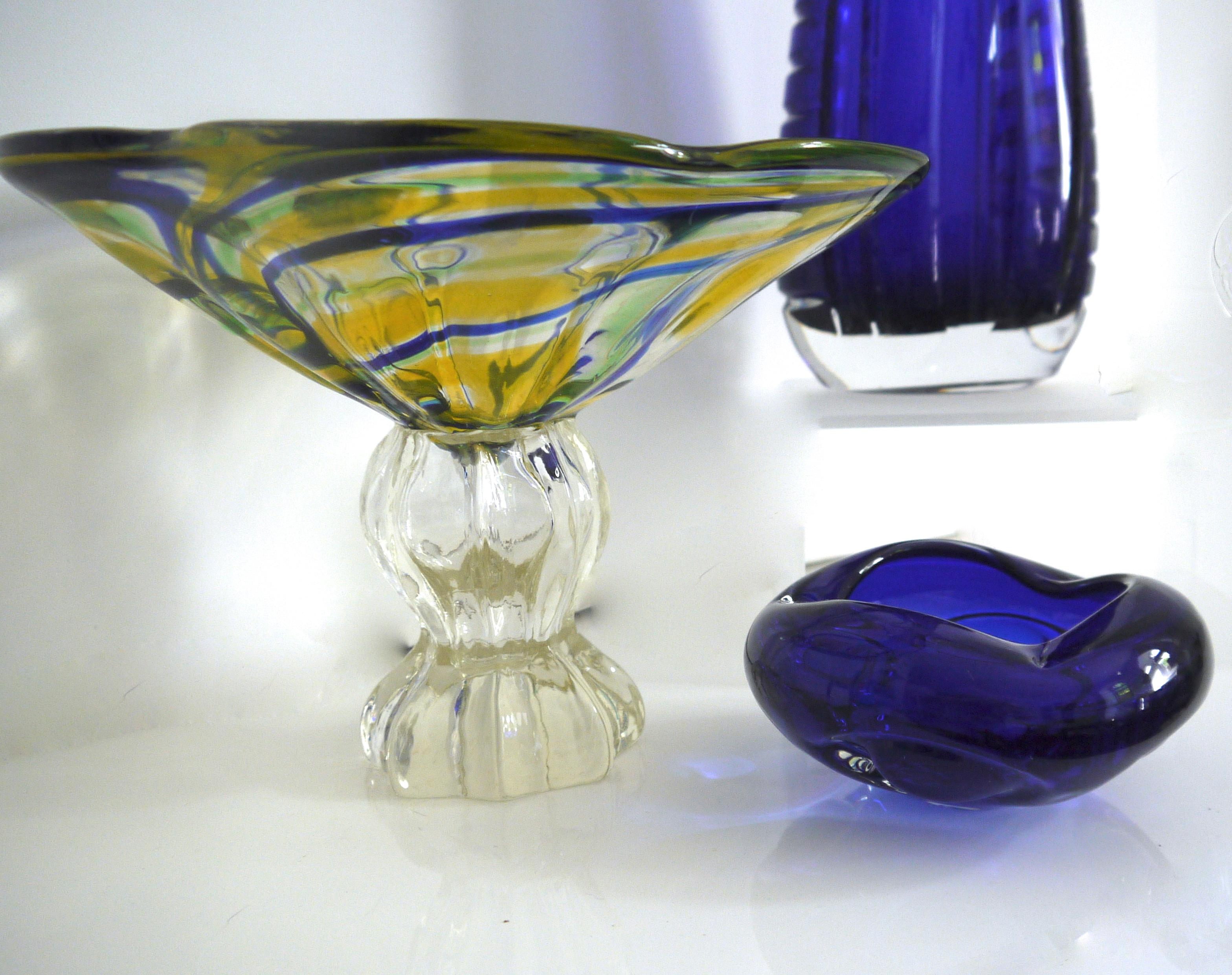Italian Vetri D Arte Murano Pedestal Glass Dish, Floral Design, 1970s  For Sale