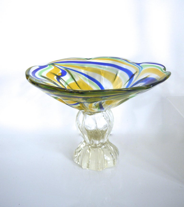 Vetri D Arte Murano Pedestal Glass Dish, Floral Design, 1970s For Sale