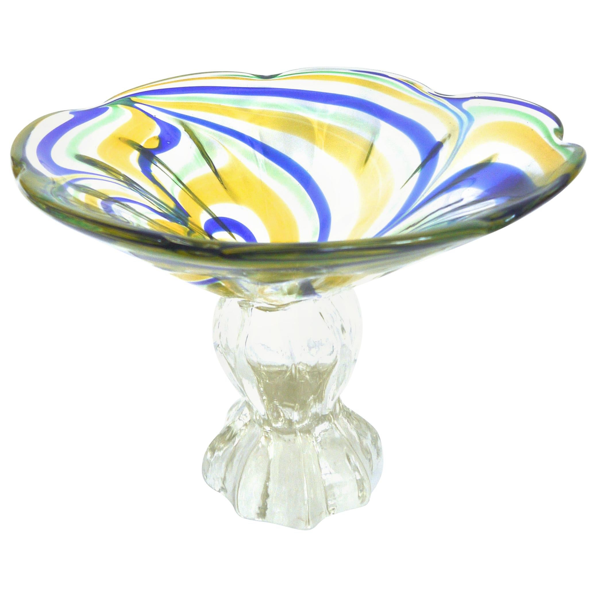 Vetri D Arte Murano Pedestal Glass Dish, Floral Design, 1970s For Sale