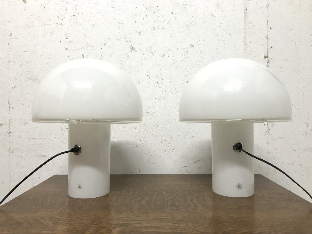 Italian Vetri Murano, a Rare Pair of Midcentury White Opaque Glass Mushroom Lamps