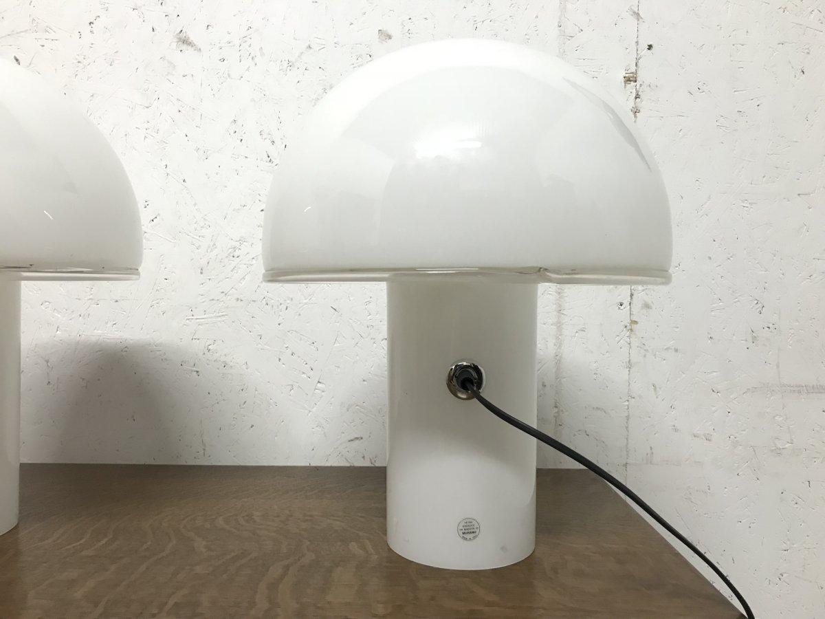 Hand-Crafted Vetri Murano, a Rare Pair of Midcentury White Opaque Glass Mushroom Lamps