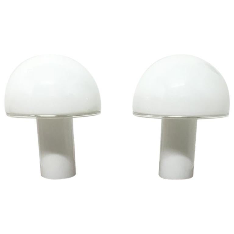 Vetri Murano, a Rare Pair of Midcentury White Opaque Glass Mushroom Lamps