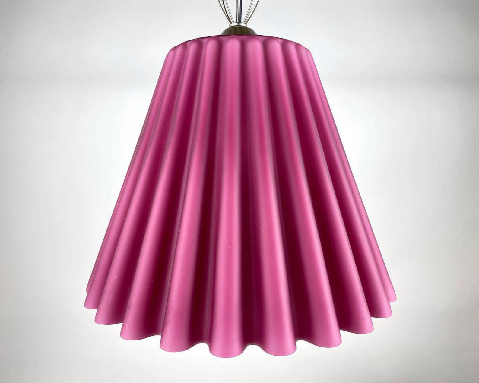 Luxurious glass lampshade hanging lamp. 

 Designed by MARCA LADUE for Nordlight glass pendant lamp, Lady Sospensione Model. 

 Very beautiful rare pendant lamp with fuchsia murano glass lampshade. This lamp comes from Italy and was made in the