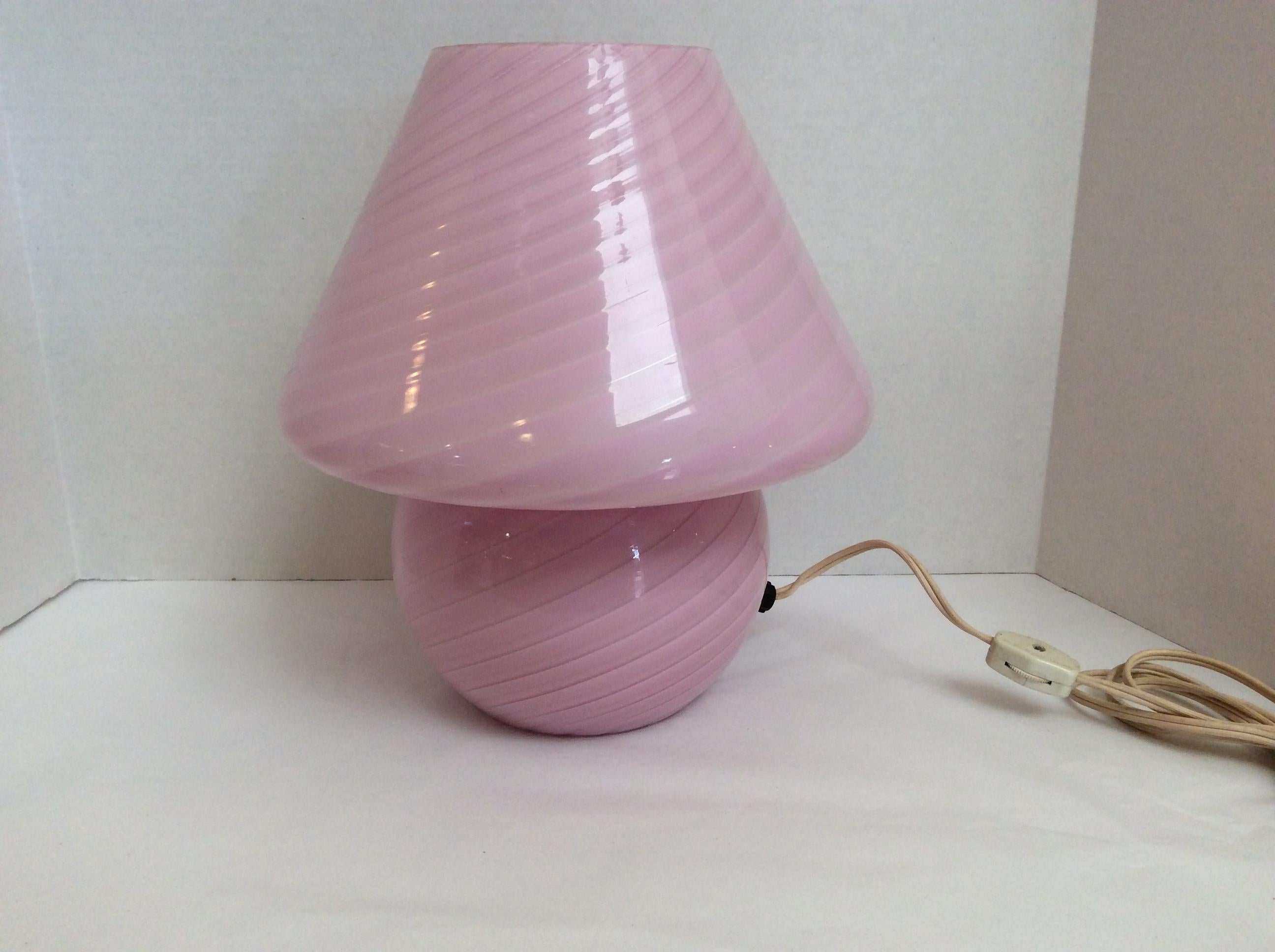 Italian Vetri Murano Glass Mushroom Table Lamp, Pink Swirl Design, Mid-Century Modern