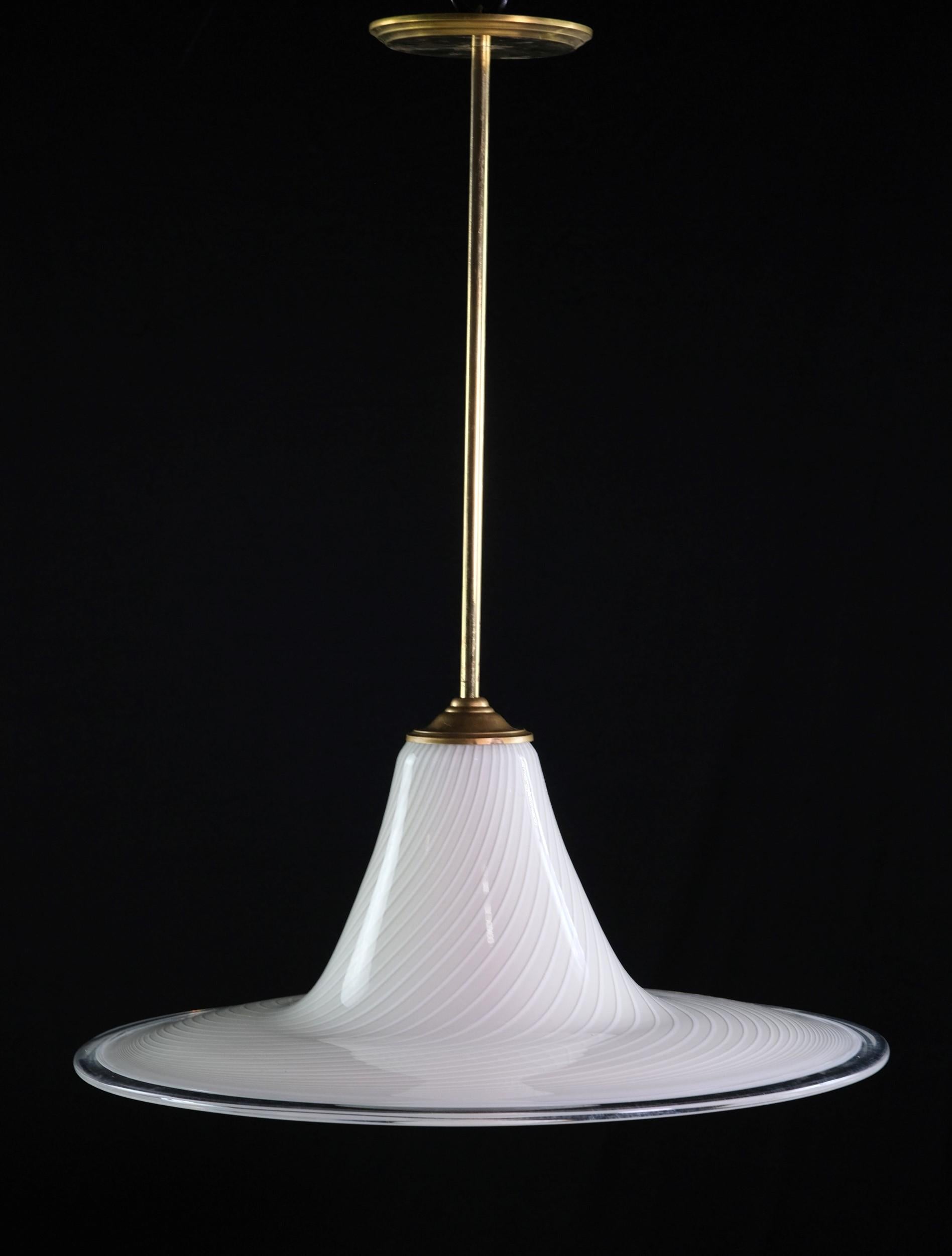 Italian made, Vetri Murano hand blown white swirled glass shade with brass pole newly wired fitter. The shade has a clear glass rim and the fitter has a porcelain socket. The glass was hand blown in Italy. Small quantity available at time of
