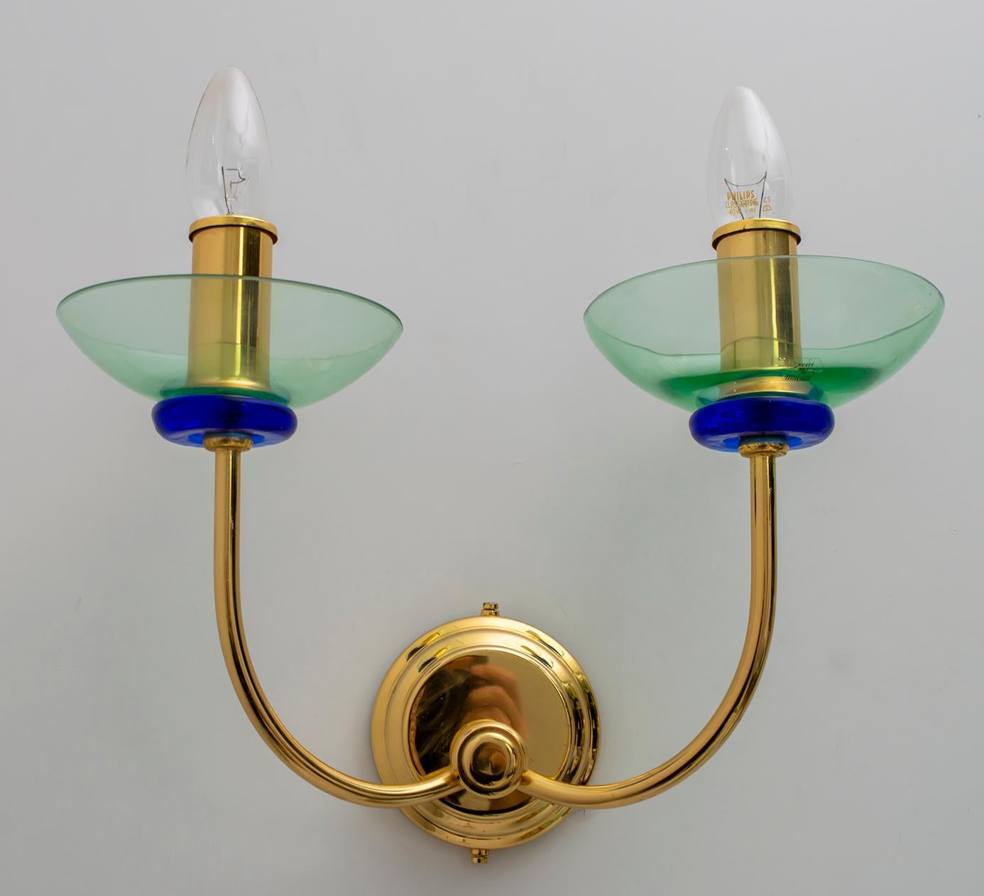 Late 20th Century Vetri Murano Pair of Modern Italian Murano Glass and Brass Sconces, 1980s