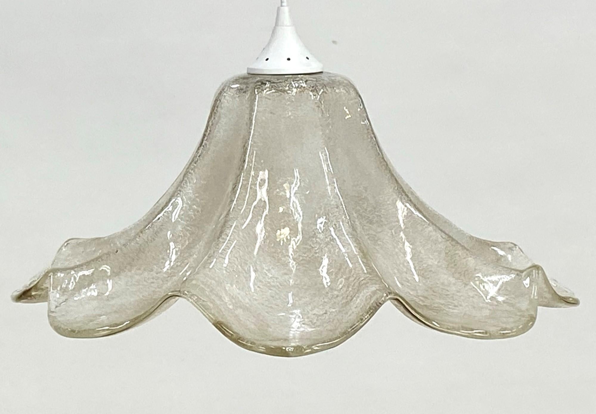 Mid-20th century Italian Vetri Murano pendant light. Shade is textured and frosted floral glass with gold shading. This can be seen at our 400 Gilligan St location in Scranton, PA.