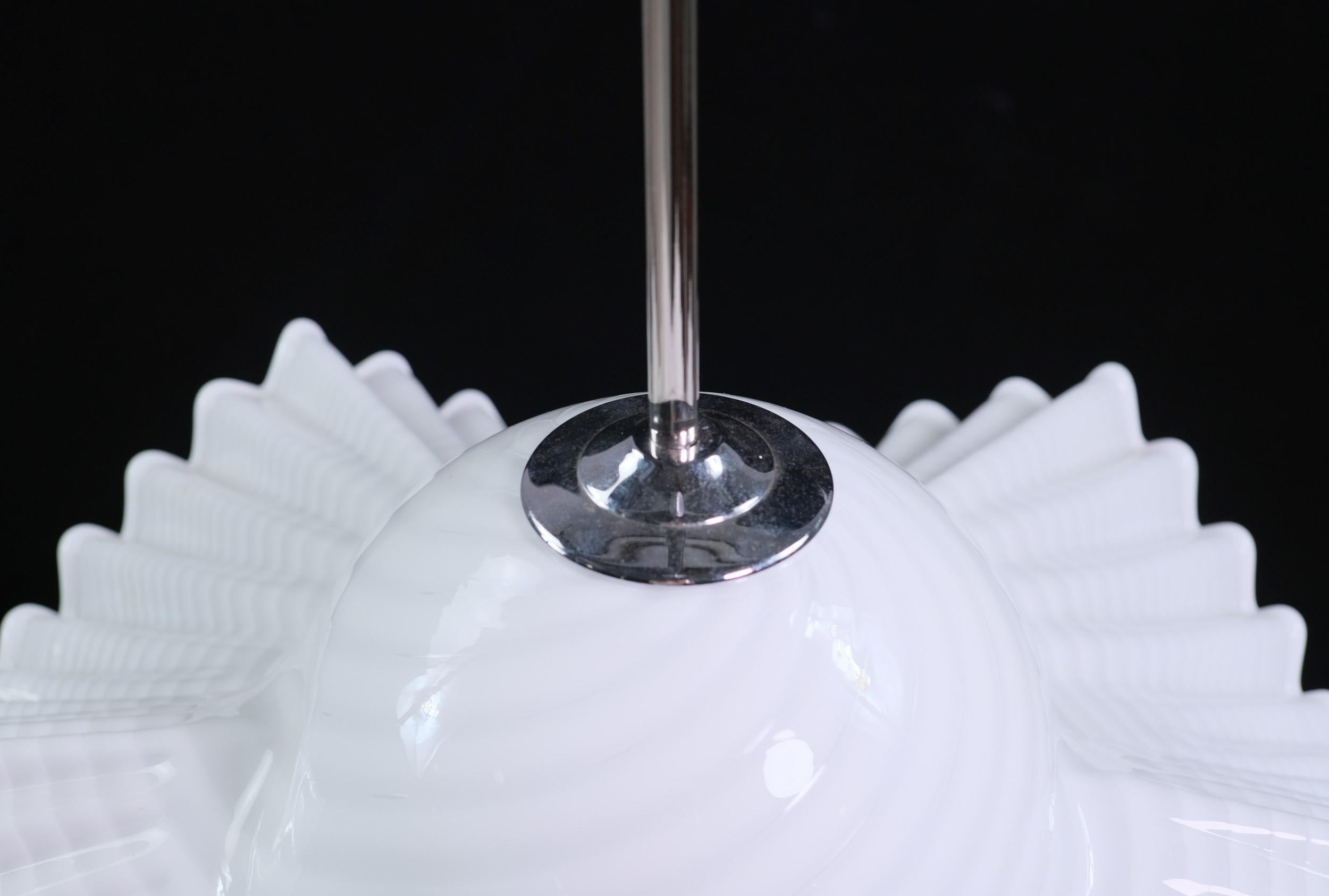 Brass Vetri Murano Pendant Light with Ruffled White Swirled Hand-Blown Glass