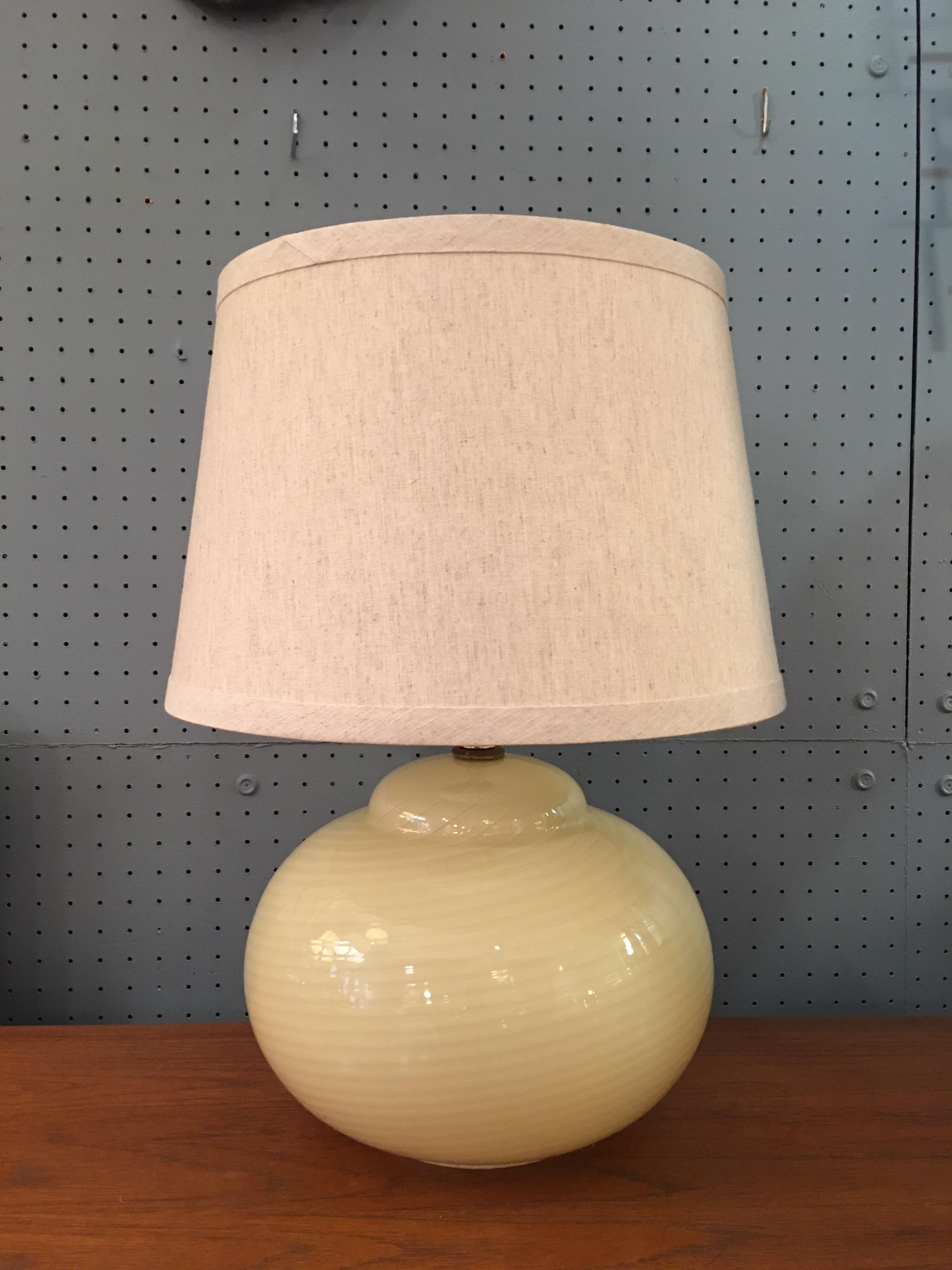 Versatile Italian Table Lamp that has the option to light up base, as well lampshade area! Beautiful Striped Swirl Glass, probably from the 1970's. Glass is Perfect, wiring good!