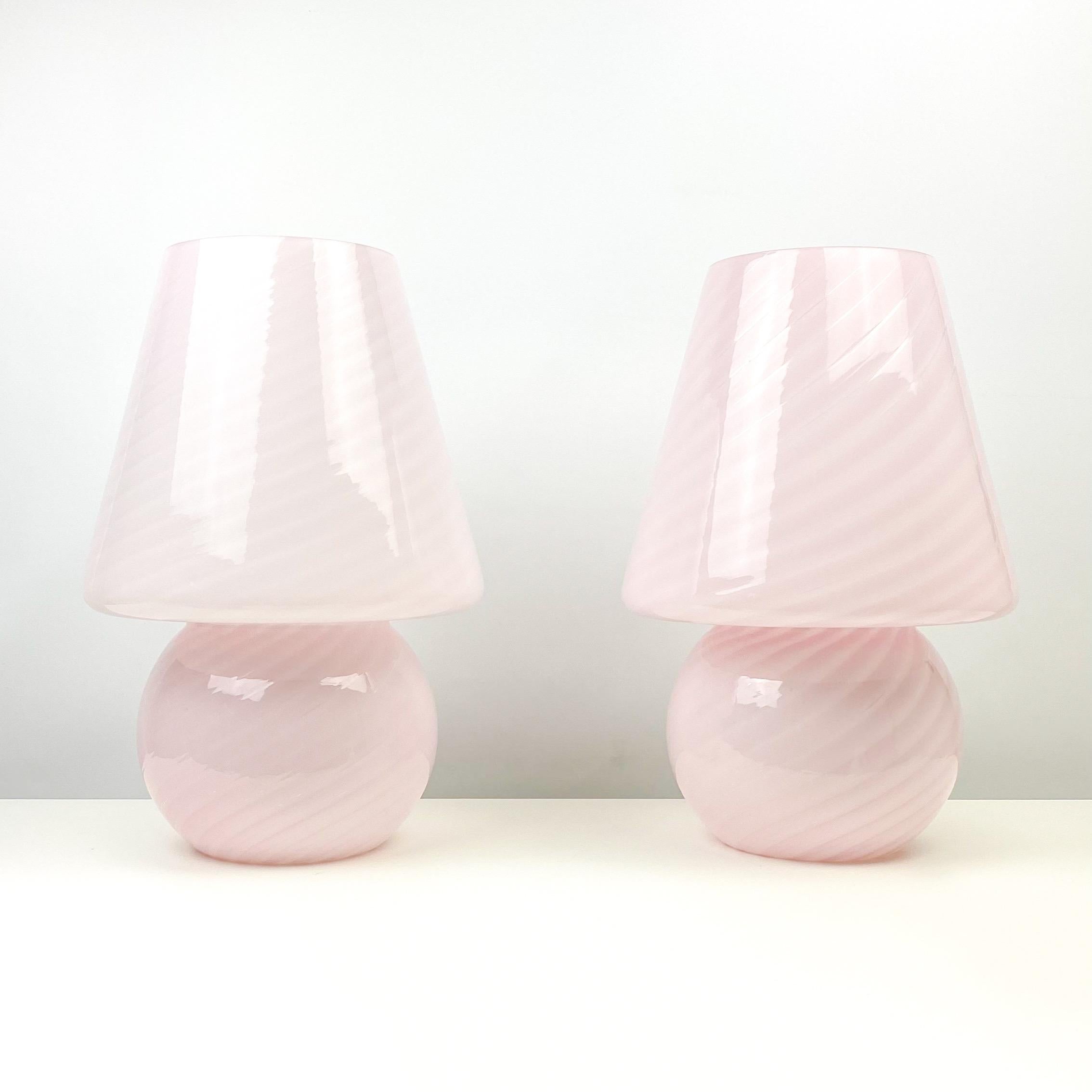 Vintage circa 1970s Vetri Murano mushroom pair of lamps.
Pink and white swirl Murano glass.
Lamps are both marked with makers label.
These are the XL version of these lamps please look at image with soup can for scale.
Sold as a pair only.
