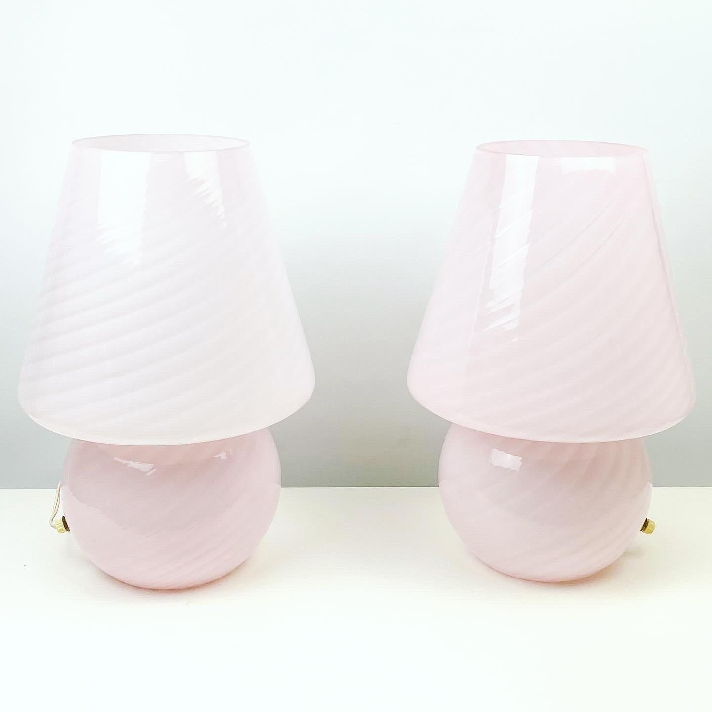 Italian Vetri Murano XL Mushroom Pink Swirl Table Lamp Pair