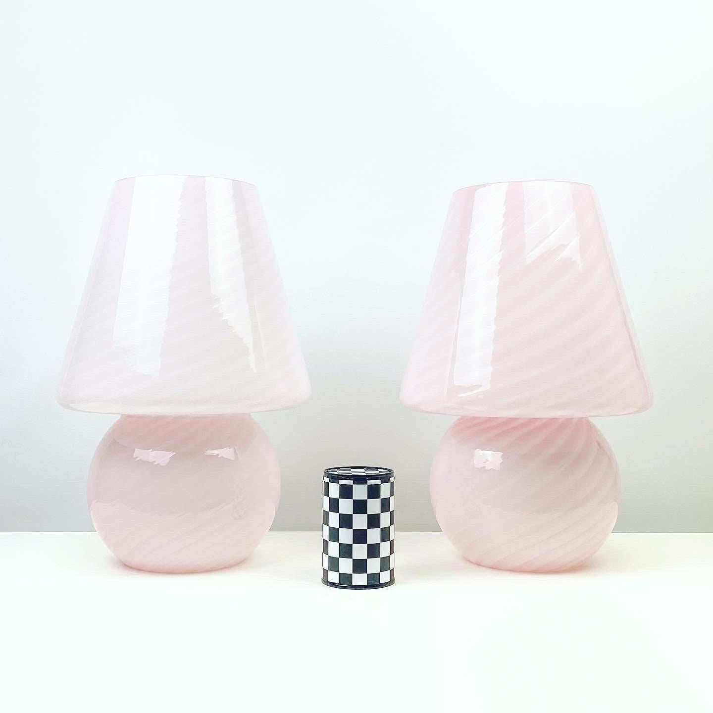Late 20th Century Vetri Murano XL Mushroom Pink Swirl Table Lamp Pair